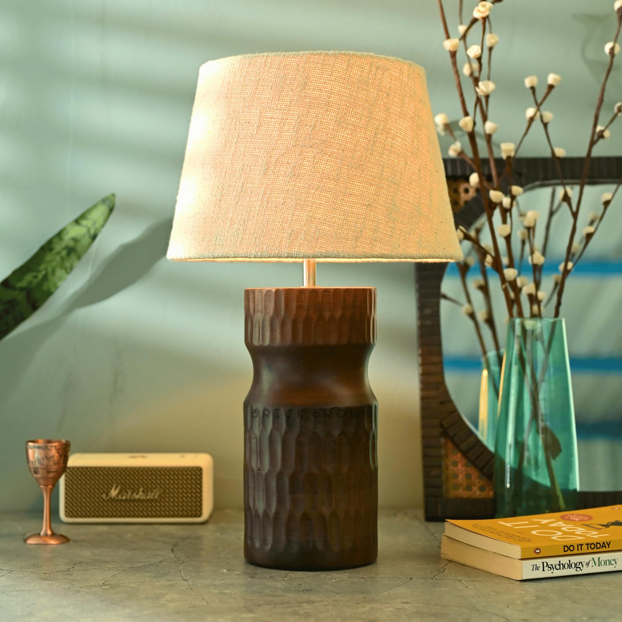 Premium Brick Brown Wooden Carved Crust Lamp with Shade & Bulb - Handcrafted Home Decor Bedside Night Light for Living Room, Study Room & Bedroom Side Table | Cozy Reading & Relaxing Ambience
