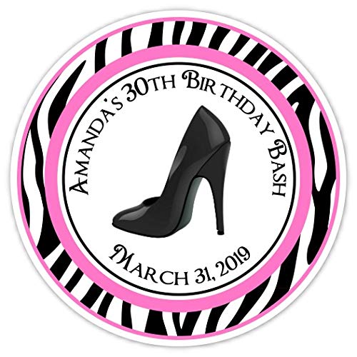 40 Count 2 Inch Round Stiletto High Heel Birthday Stickers - Black & White Zebra Print Labels for 30th, 40th or 50th Birthday Parties - Perfect for Wine Bottles, Gift Wrapping & Party Decorations