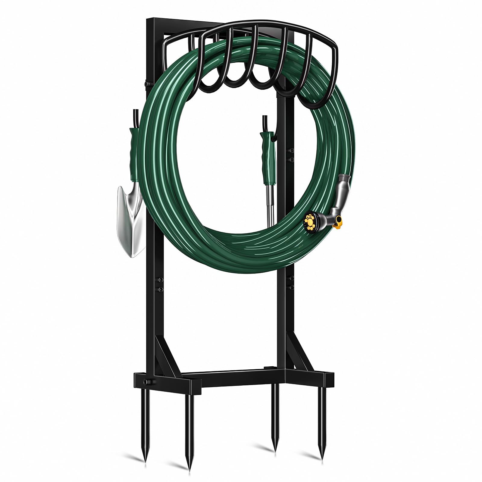 Heavy Duty Metal Garden Hose Holder with 4 Spikes & 2 Tool Hooks - Freestanding Outdoor Hose Reel Stand, Detachable Water Hose Storage Rack for Lawn, Yard, and Gardening - Perfect for Organizing Garden Tools and Watering Equipment