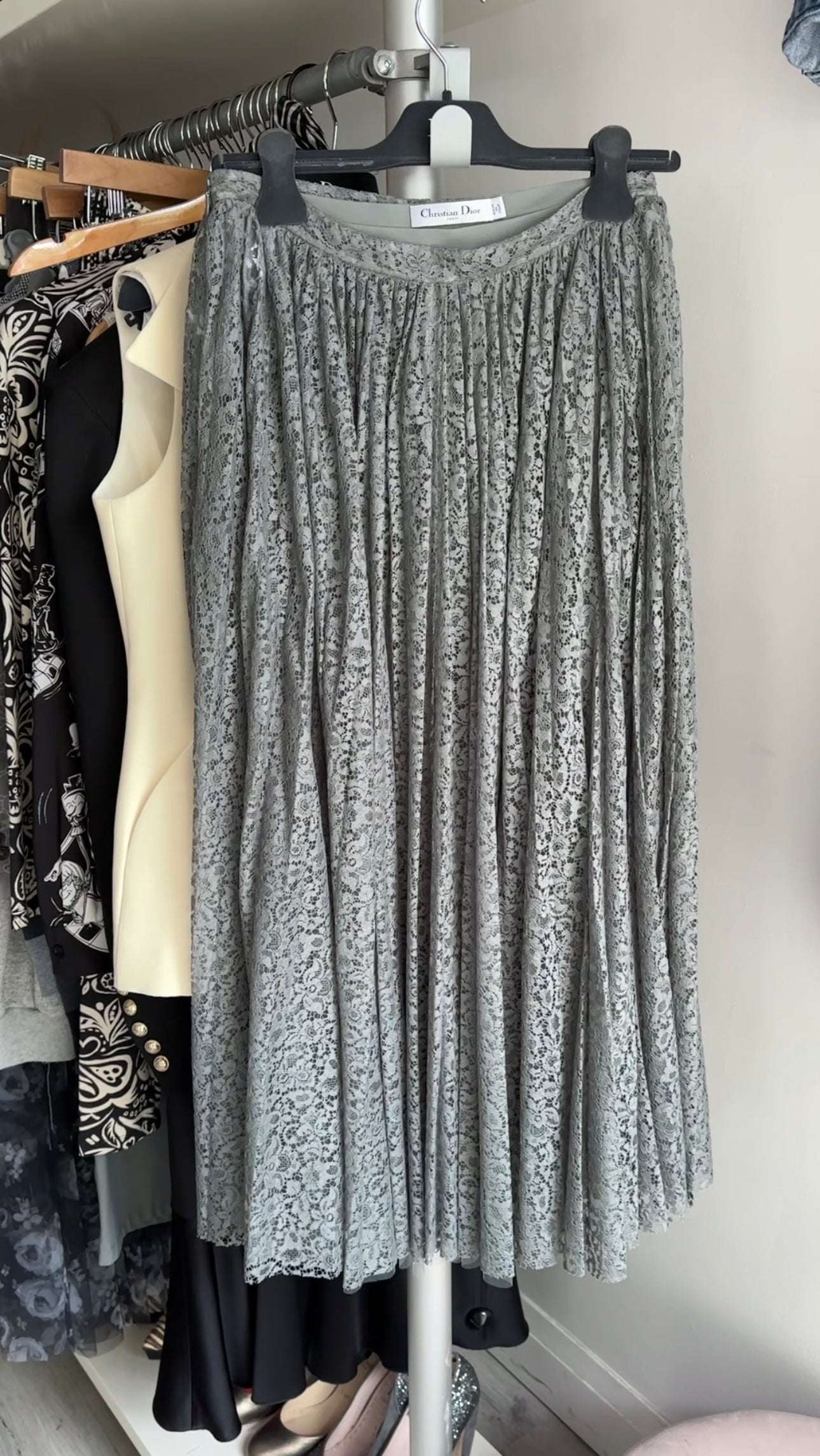 Christian Dior Grey Lace Long Full Skirt Size 28 Waist - Elegant Formal Dress for Weddings, Parties & Special Occasions