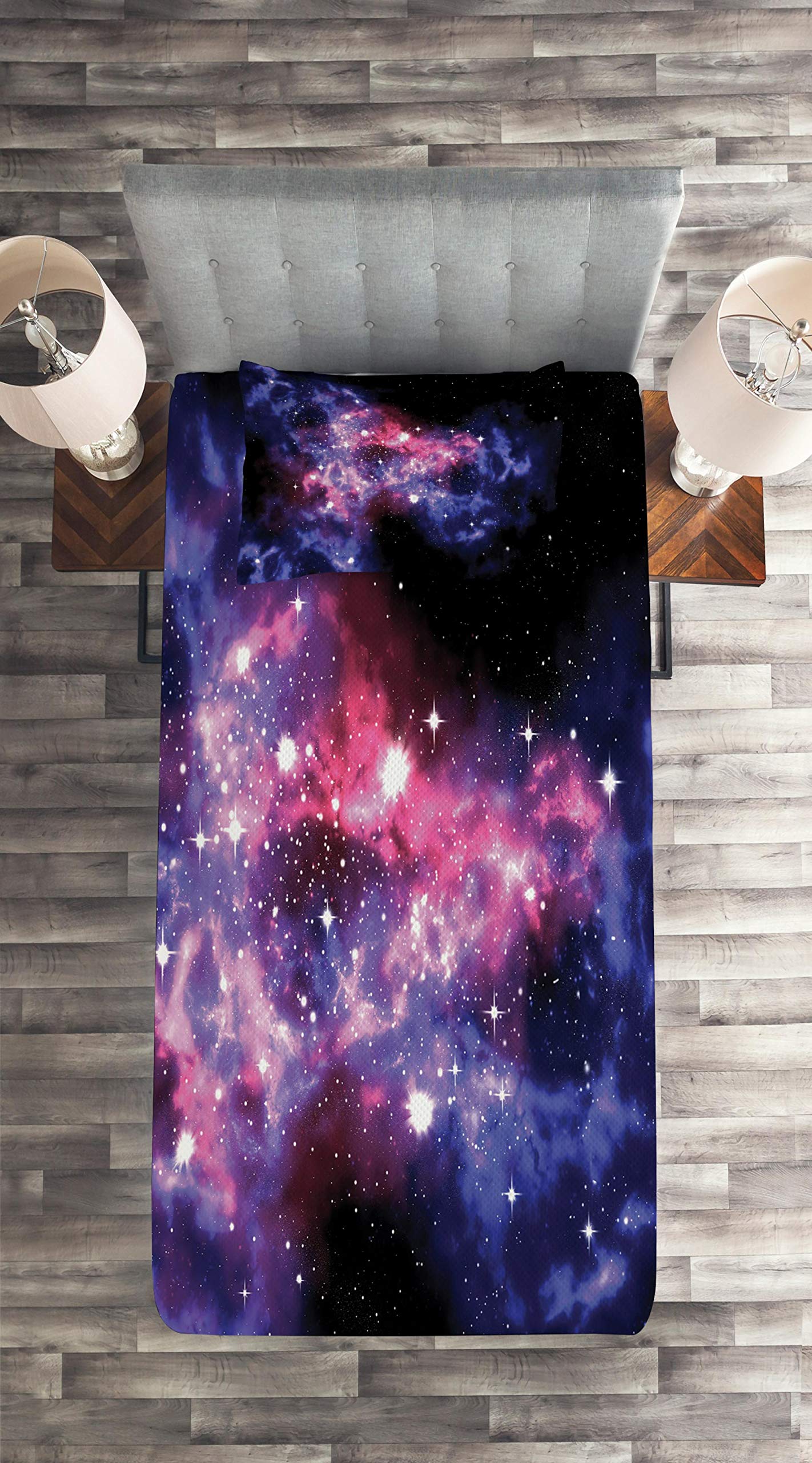 Lunarable Outer Space Bedspread Set - Dusty Gas Cloud Nebula & Star Clusters Cosmic Print, 2-Piece Quilted Bedding with Pillow Sham, Twin Size Navy Purple - Perfect for Astronomy Lovers' Bedroom Decor & Space-Themed Room Design