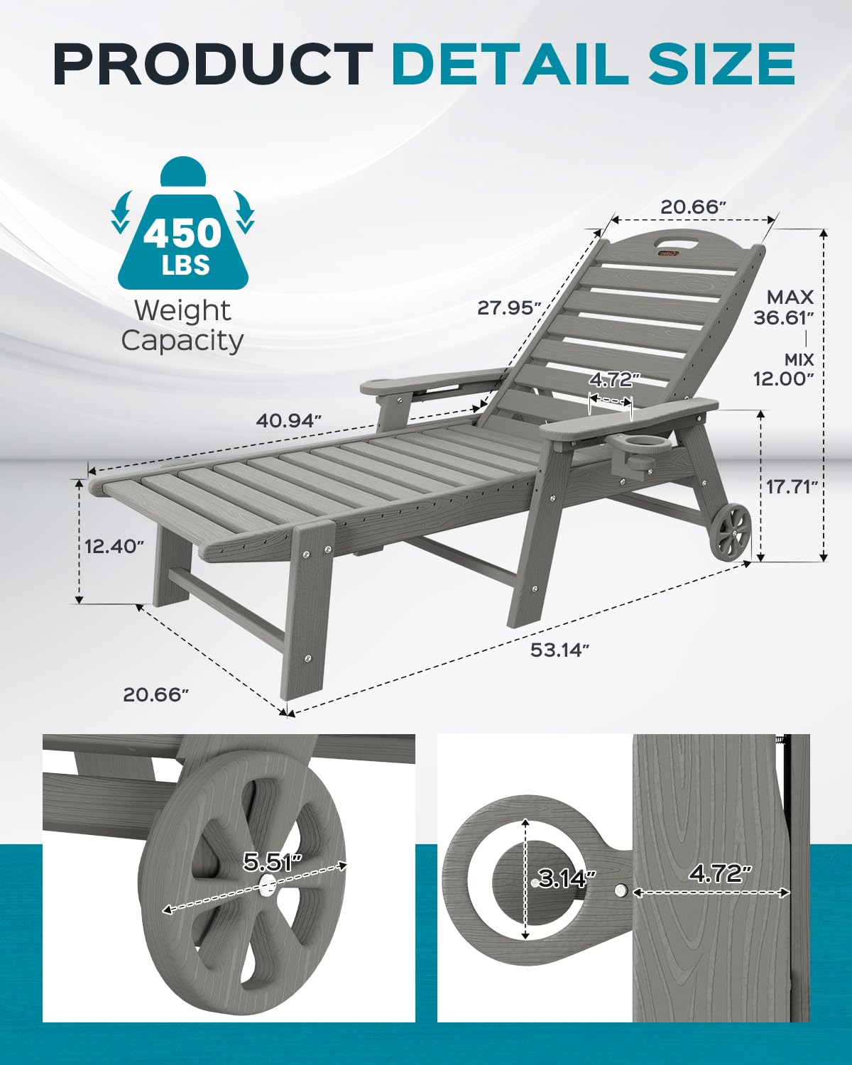 Adjustable 5-Position Outdoor Chaise Lounge Chair with Wheels & Double Cup Holders - Wood Texture Patio Poolside Lounger for Backyard, Deck, Beach - Grey | Perfect for Sunbathing, Relaxing by the Pool or Garden