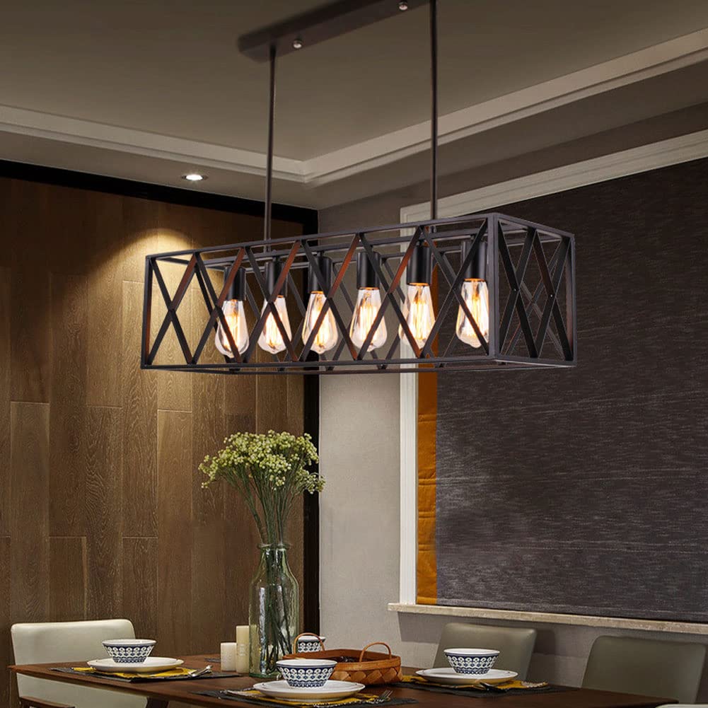 6-Light Modern Farmhouse Chandelier - Industrial Black Rectangular Pendant Light Fixture for Dining Room, Kitchen, Living Room & Bar | Rustic Ceiling Lighting for Home Decor & Commercial Spaces