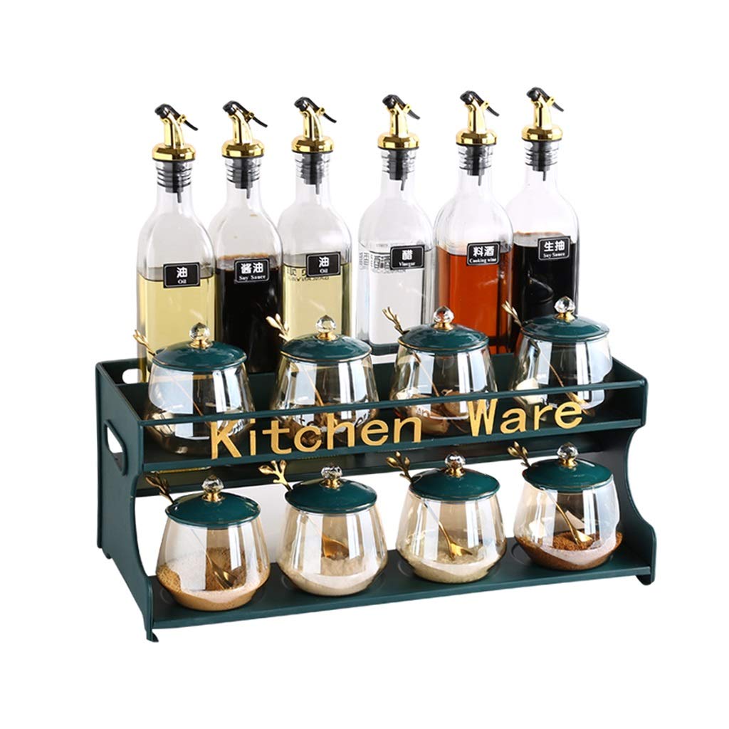 11-Piece Glass Spice Storage Box Set - Oil, Salt, Sauce & Vinegar Bottles with Spice Rack - Green Kitchen Organizer (42.5x17x17cm) for Pantry, Countertop & Cooking Essentials