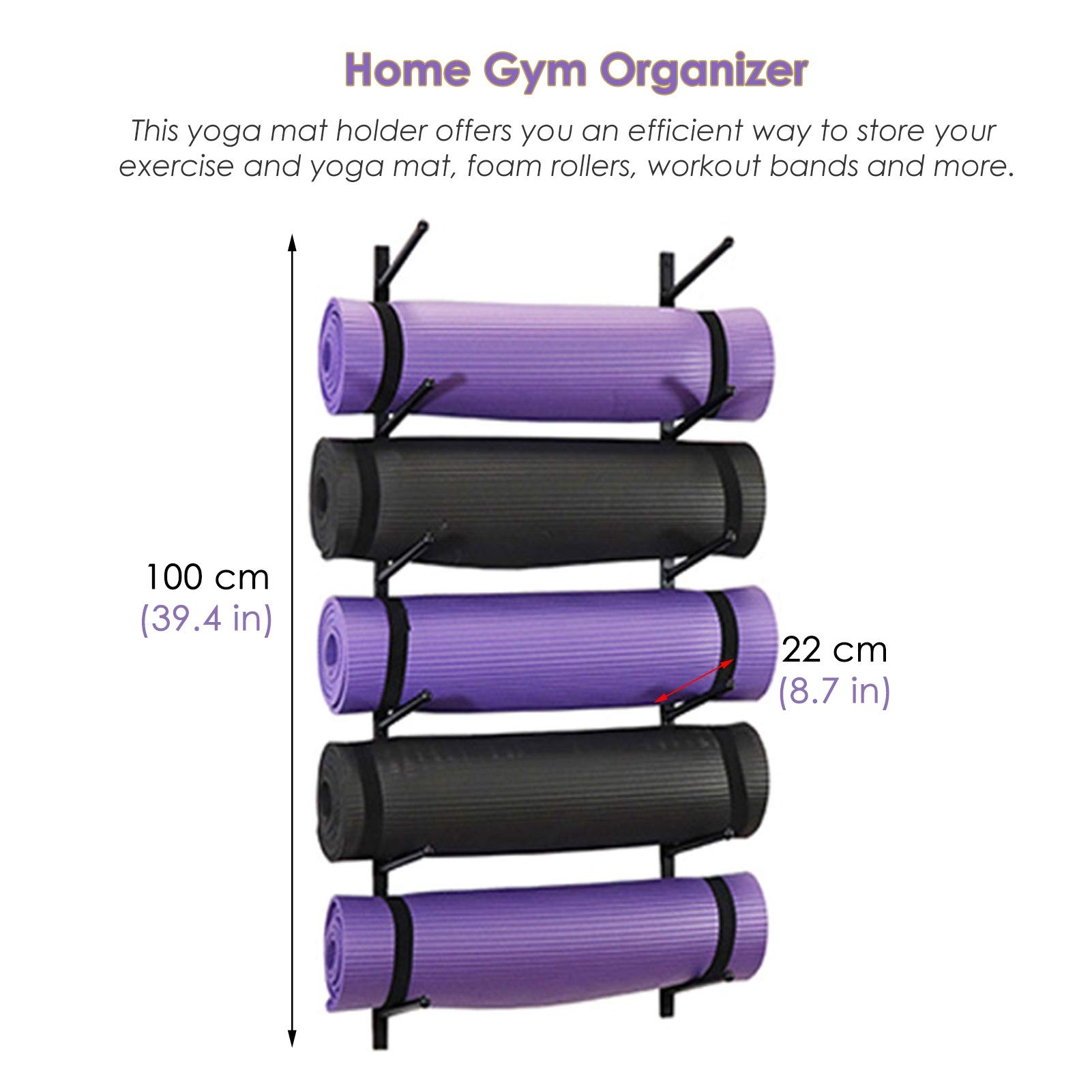 Premium Yoga Mat & Foam Roller Wall Mount Storage Rack - Heavy Duty Iron Hanger for Exercise Mats, Resistance Bands & Fitness Equipment (Holds Up to 8