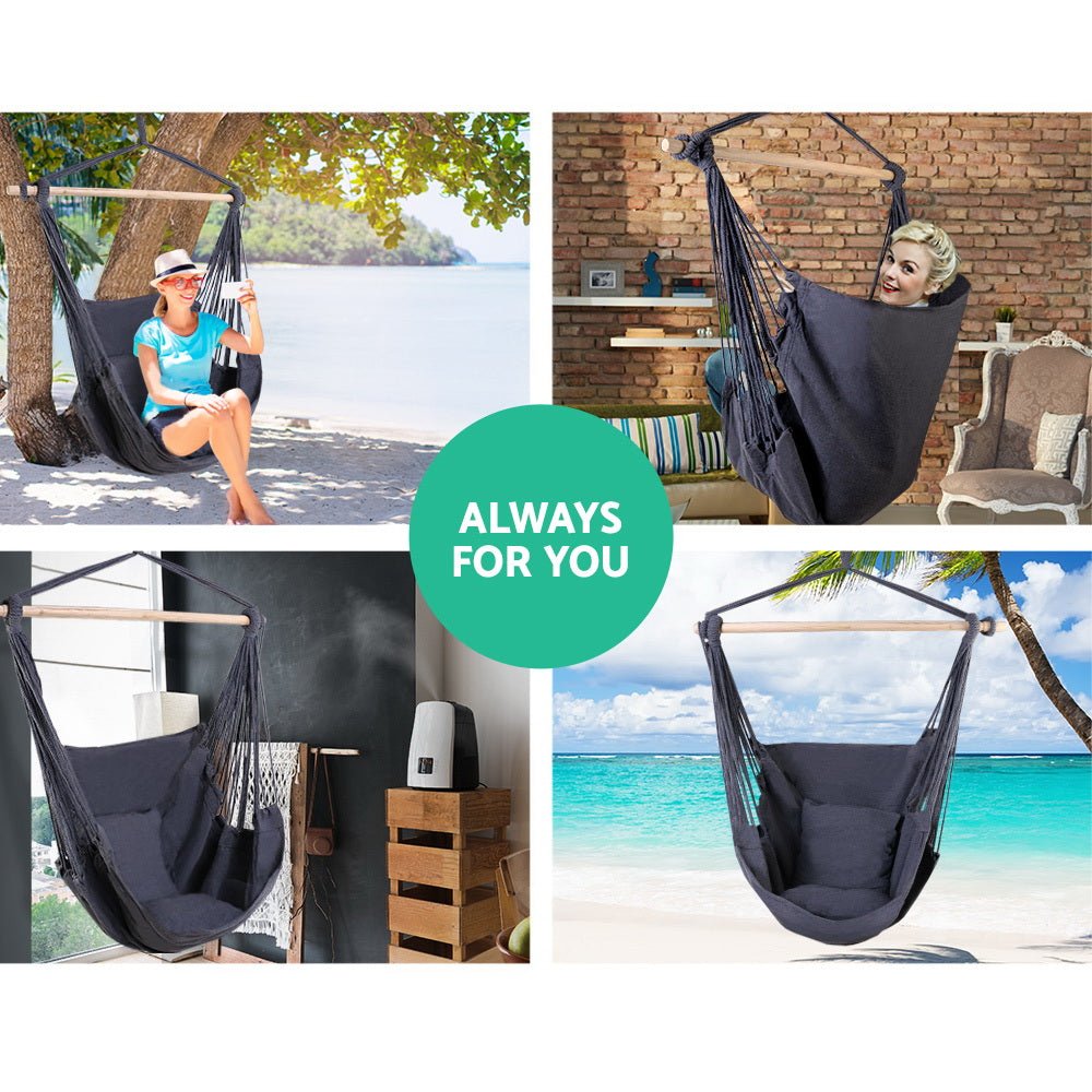 Outdoor Hammock Chair with Cushion - Grey Hanging Hammock for Camping, Backyard & Relaxation - Perfect for Patio, Garden & Indoor Use