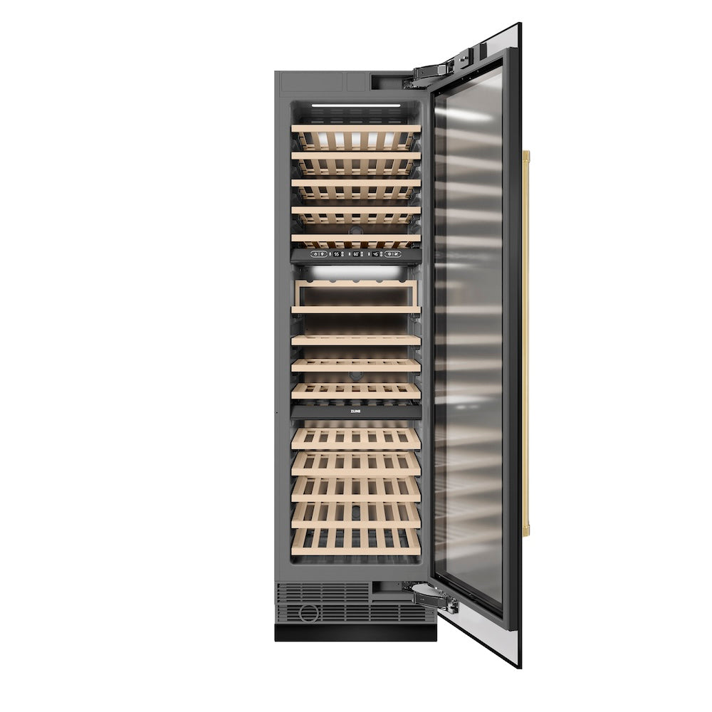 ZLINE Autograph Edition 24 Inch 12.4 Cu Ft Triple Zone 100 Bottle Wine Cooler Refrigerator - Black Stainless Steel with Gold Accents - Perfect for Home Bars, Wine Cellars, and Entertaining Spaces