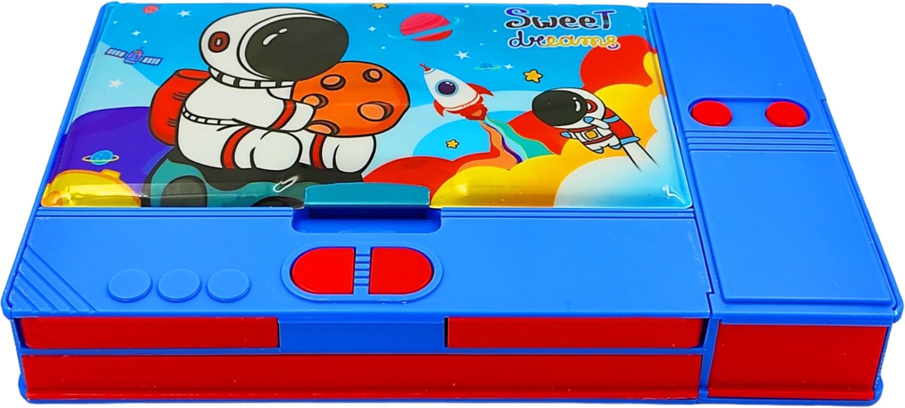 Poksi® Space Theme Jumbo Pencil Case - Double Sided Design with 6 Hidden Push Button Pockets - Large Plastic School Supply Organizer for Kids (Blue) - Perfect for Classroom, Homework & Art Storage
