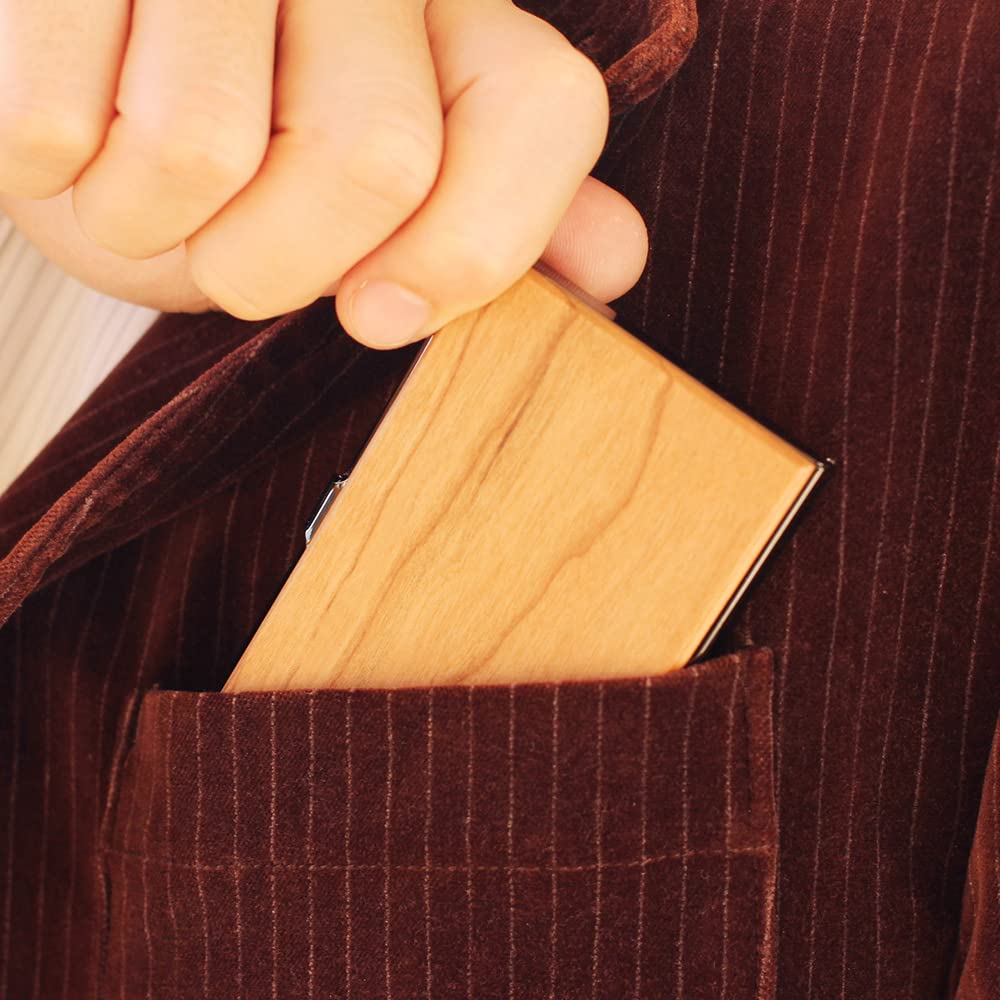 Premium Stainless Steel Business Card Holder with Walnut Wood Accent - Elegant & Durable Metal Card Case for Professional Networking, Corporate Gifts, and Business Meetings