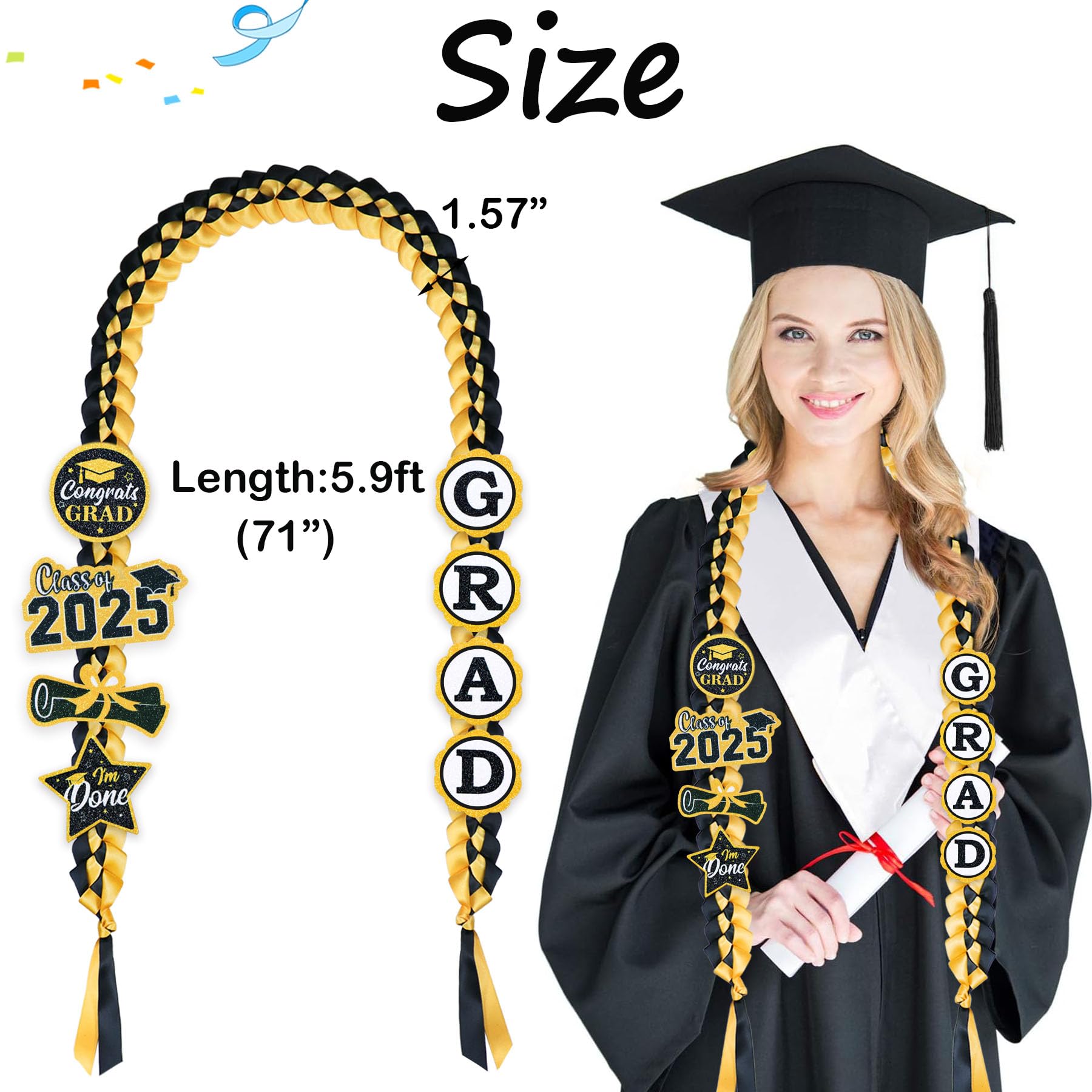 2025 Graduation Money Leis - Handmade Double Braided Ribbon Lei with 8 Glitter Patches for Graduation Party Decor (Black & Gold) | Perfect for High School & College Graduation Gifts