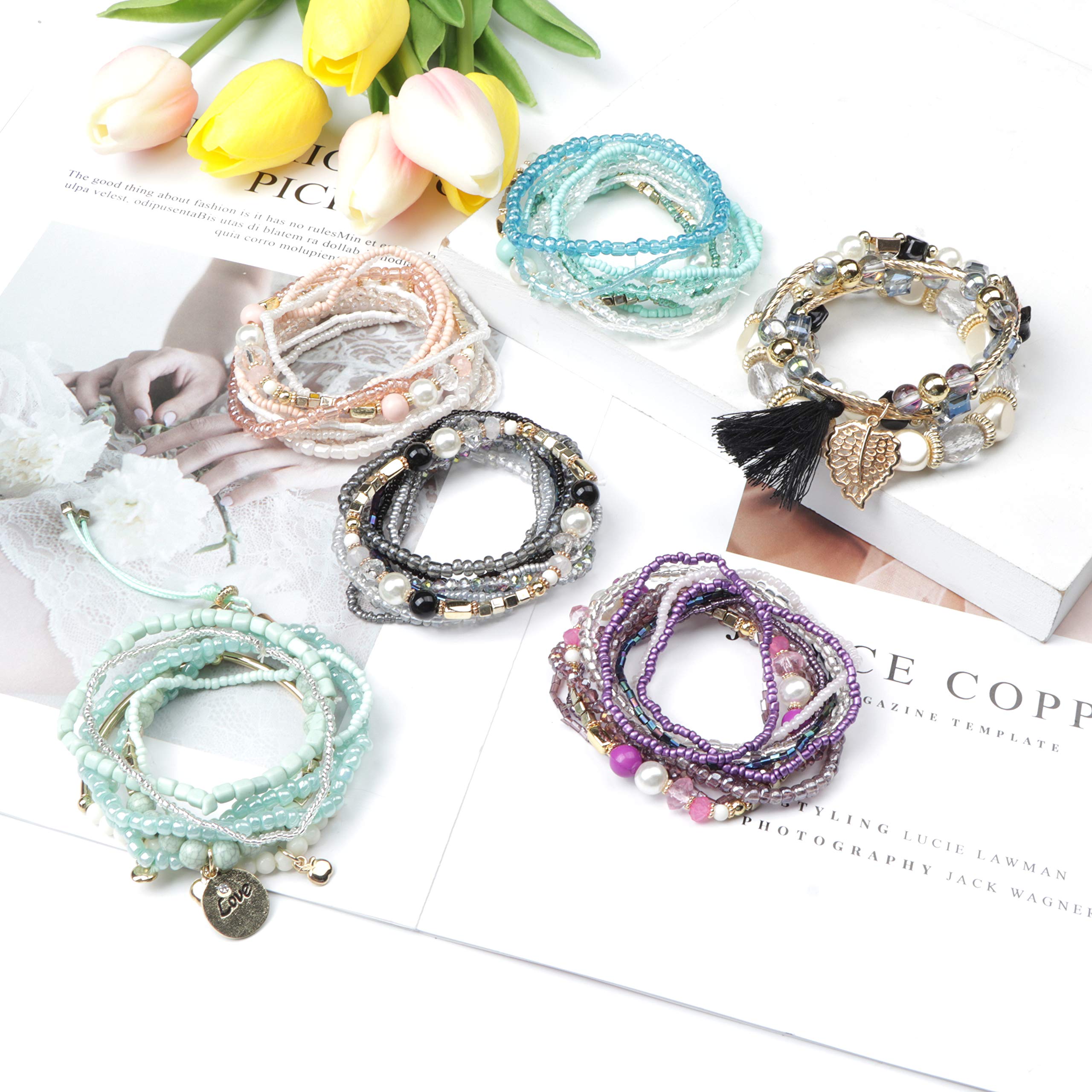 FIBO STEEL 6-Pack Bohemian Stackable Bead Bracelets for Women - Stretchy Multilayered Boho Jewelry Set in Vibrant Colors | Perfect for Casual Wear, Festivals, and Gift Giving