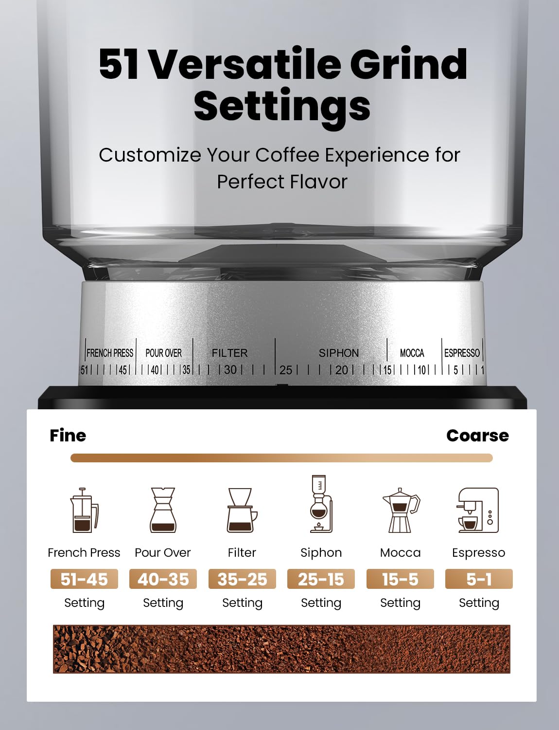 Premium Electric Espresso Coffee Grinder with Conical Burr - 51 Precise Settings & Digital Timer for Perfect Brew | Brushed Stainless Steel | Ideal for Home Baristas & Coffee Enthusiasts | Perfect for French Press, Pour Over & Espresso Machines