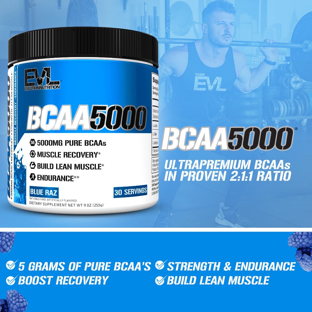 EVLUTION EVL BCAAs Amino Acids Powder - Post Workout Recovery Drink & Stimulant-Free Pre Workout Energy Supplement with 5g Branched Chain Amino Acids for Men - Blue Raspberry Flavor - Ideal for Muscle Recovery & Gym Performance Enhancement