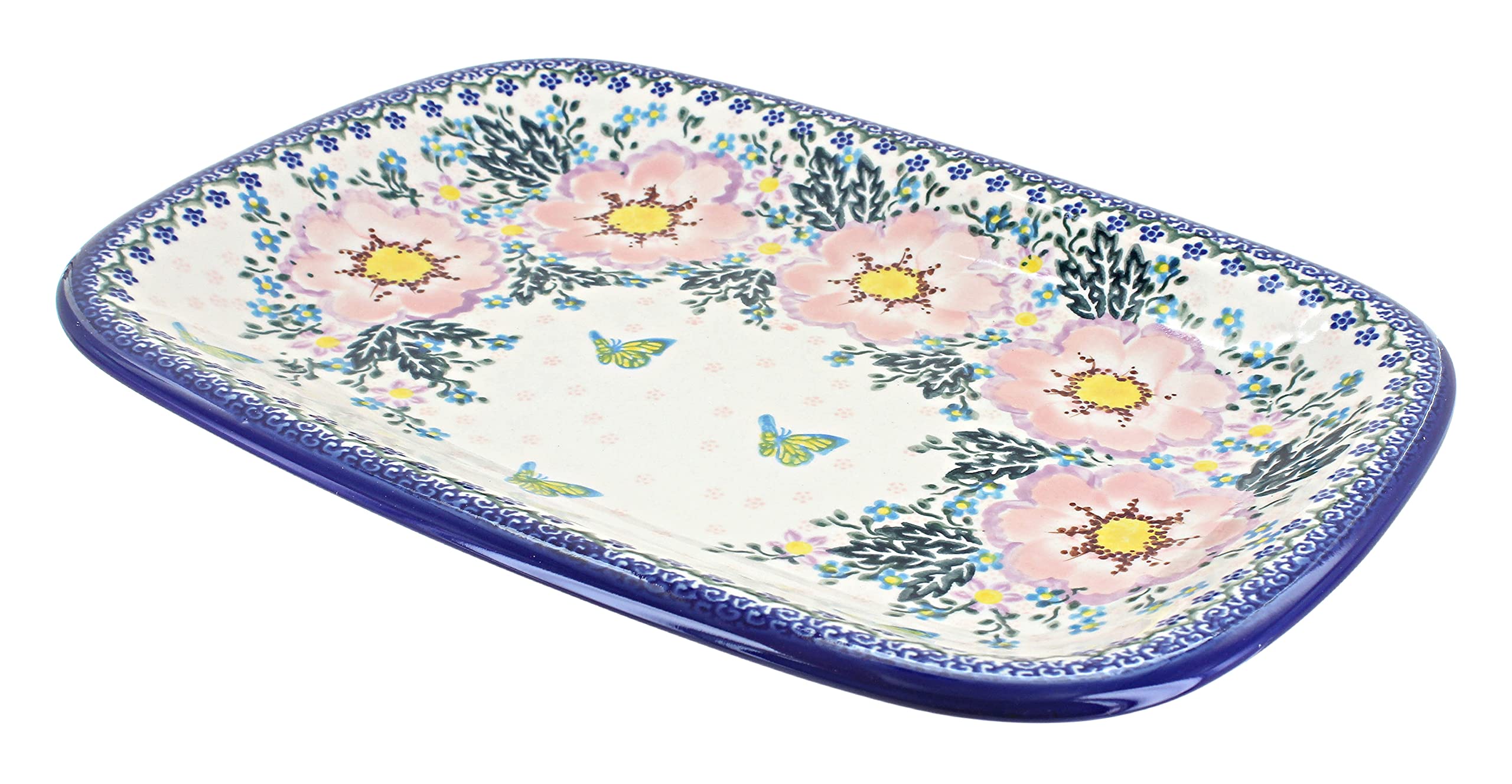 Blue Rose Polish Pottery Apple Blossom Large Rectangular Serving Platter - Handmade Ceramic Tray for Dining, Entertaining & Home Decor - Perfect for Parties, Holidays & Special Occasions