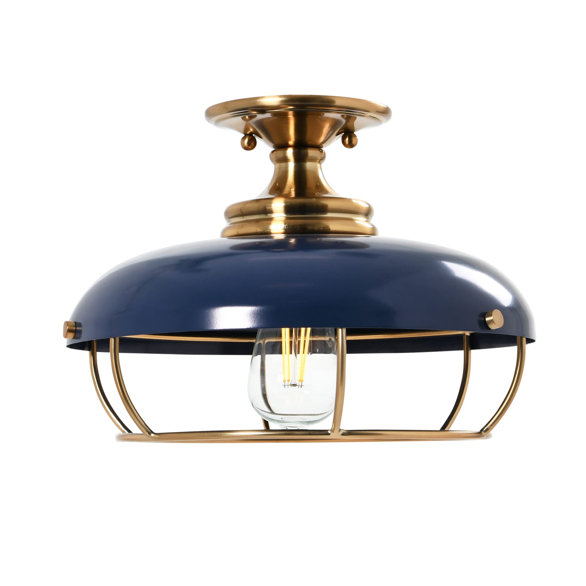 Presley Caged Dome Metal Semi-Flush Mount Ceiling Light Fixture - Brushed Brass & Navy Blue - Vintage Industrial Lighting for Bedroom, Dining Room, or Entryway