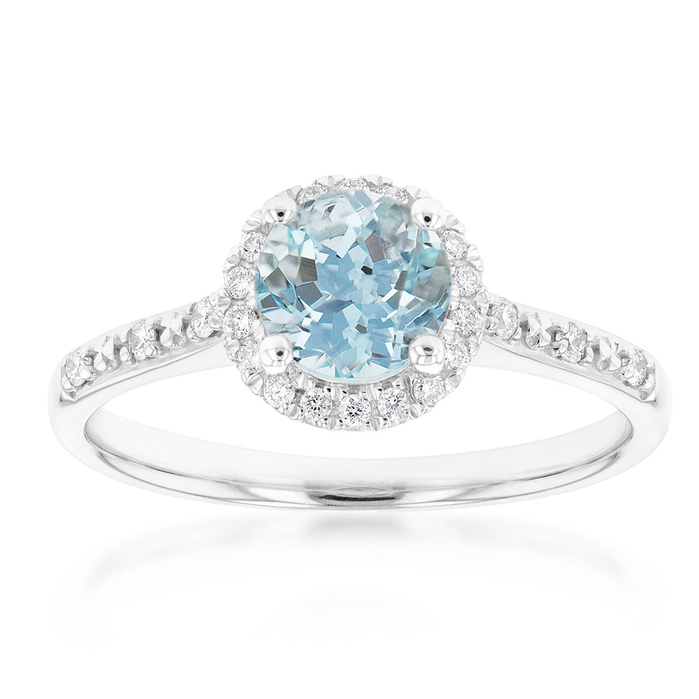 9ct White Gold 0.75ct Aquamarine & 0.10ct Diamond Halo Engagement Ring - Perfect for Proposals, Anniversaries & Special Occasions