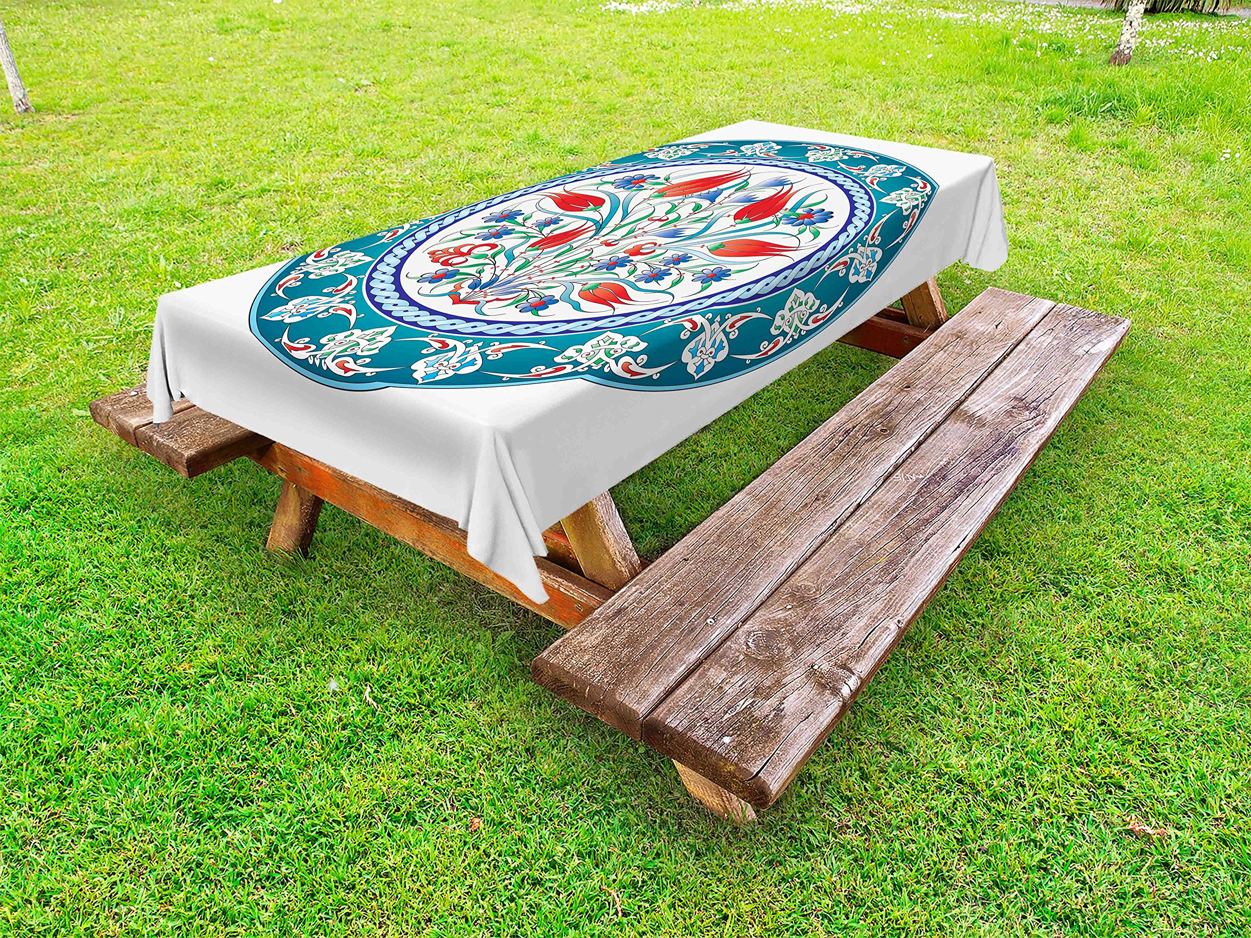 Ambesonne Tulip Outdoor Tablecloth - Medieval Turkish Ornate Tulip Flowers Round Frame Print, Washable Picnic Table Cover 58
