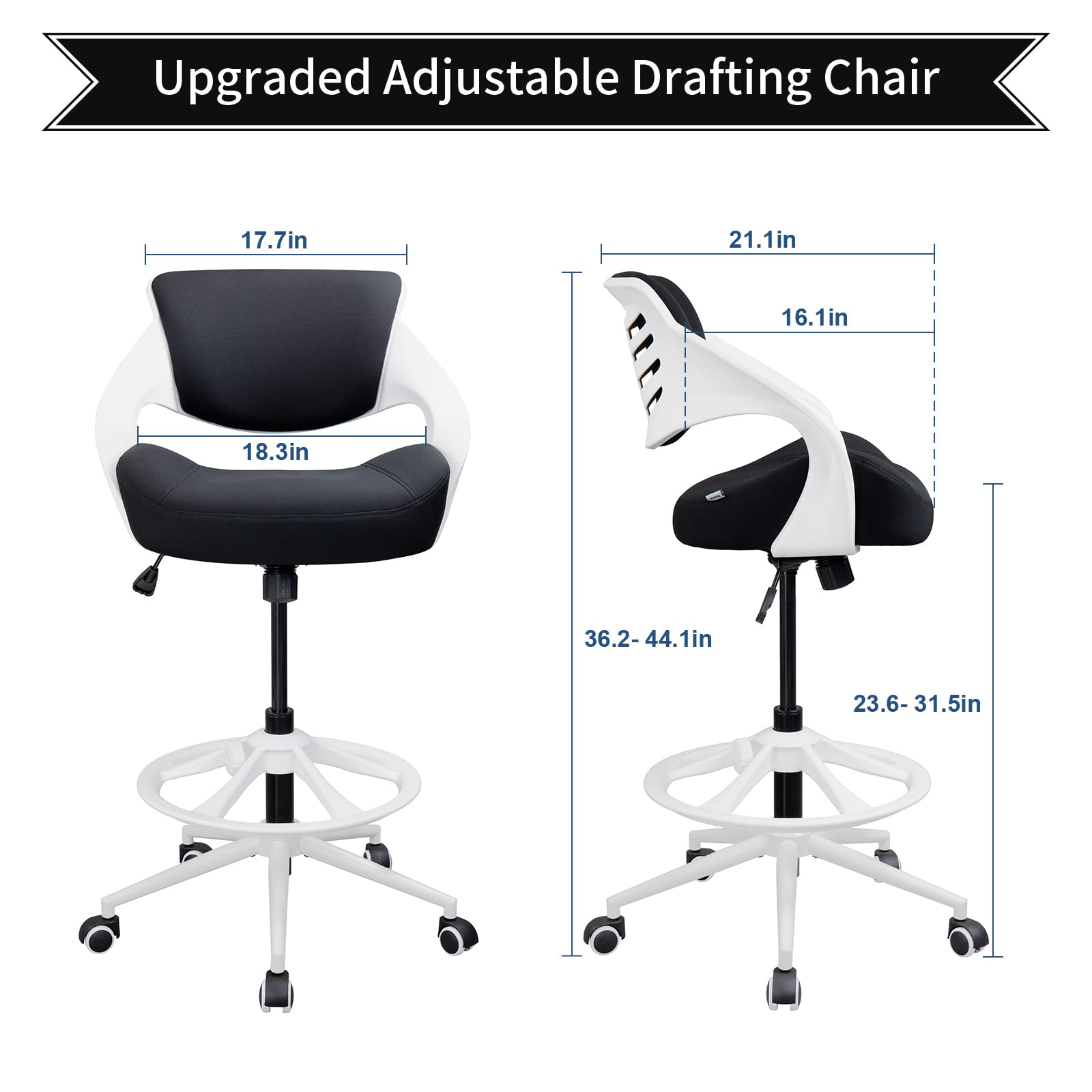 Ergonomic Drafting Chair with Lumbar Support & Foot Ring - Adjustable Swivel Task Chair for Standing Desk - Black - Perfect for Office, Home Office & Studio Workspaces