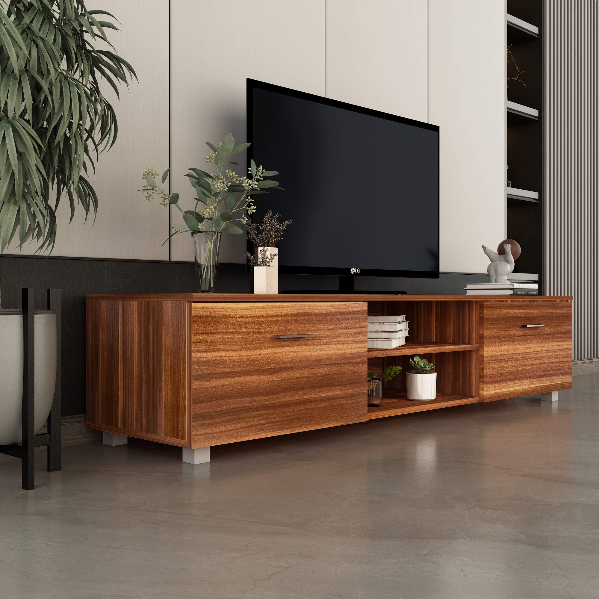 HABITRIO Modern TV Stand for 70 Inch TVs with 2 Drawers - Walnut Entertainment Center for Living Room, Bedroom & Lounge - Easy Assembly TV Cabinet & Living Room Furniture Set