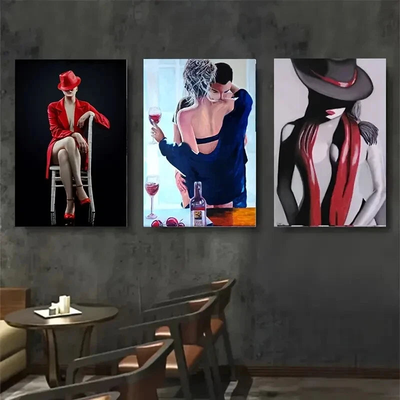 3-Piece Women in Red & Black Wine Glass Wall Art Set - Framed Canvas 40x60cm | High Quality Print | 100% Australian Made | Ready to Hang | Perfect for Living Room, Dining Room & Bar Decor