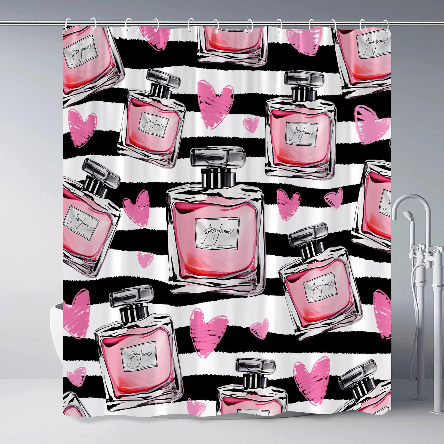 Valentine's Day Shower Curtain - Black & White Perfume Bottle Design with Pink Accents, Modern Romantic Bathroom Decor, 70x70 Inches Polyester with Hooks - Perfect for Couples' Bathrooms, Bridal Showers & Anniversary Gifts