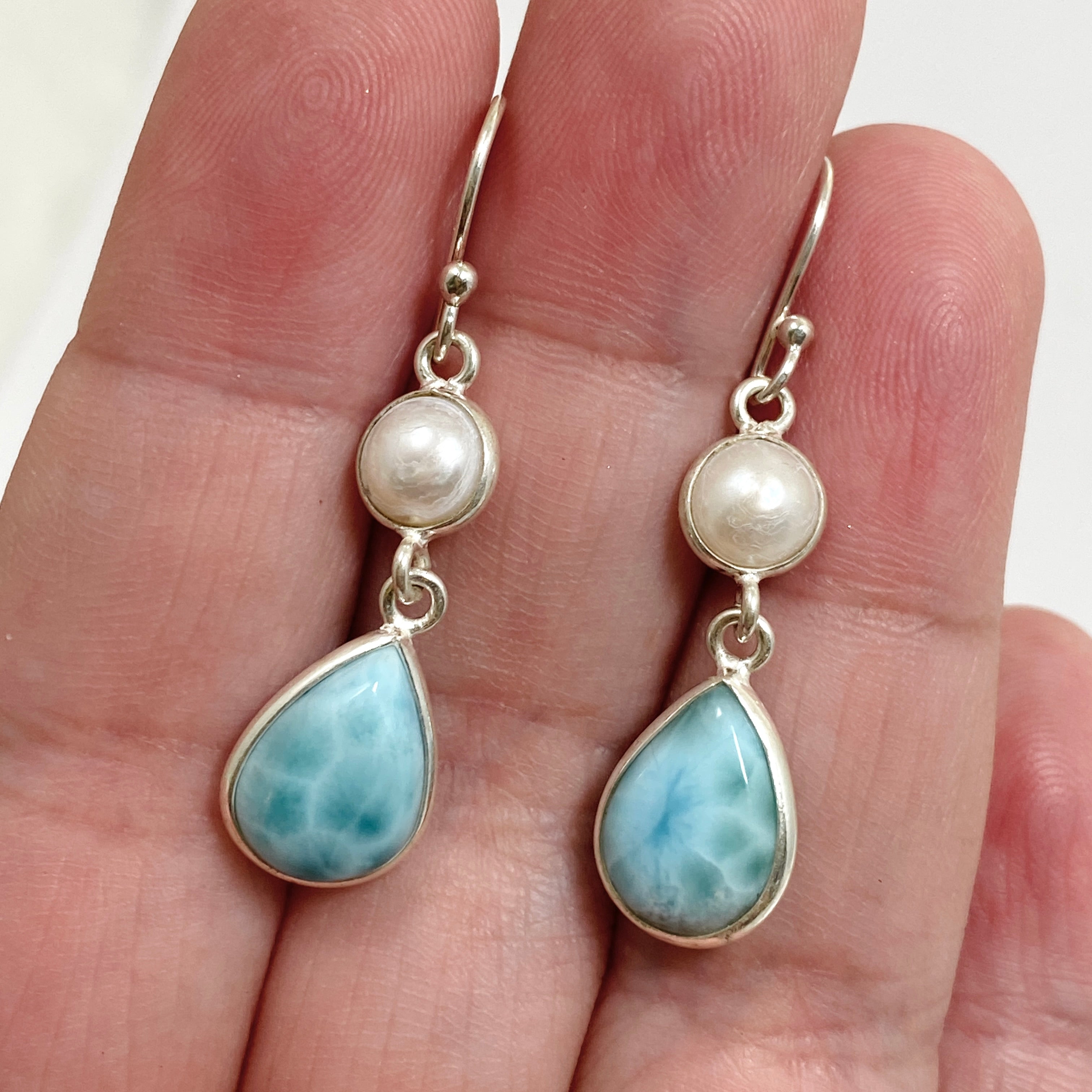 Larimar Teardrop Cabochon Earrings with Pearl Accent - Handmade Sterling Silver Jewelry ER232 LAR - Perfect for Beach Weddings & Boho Fashion