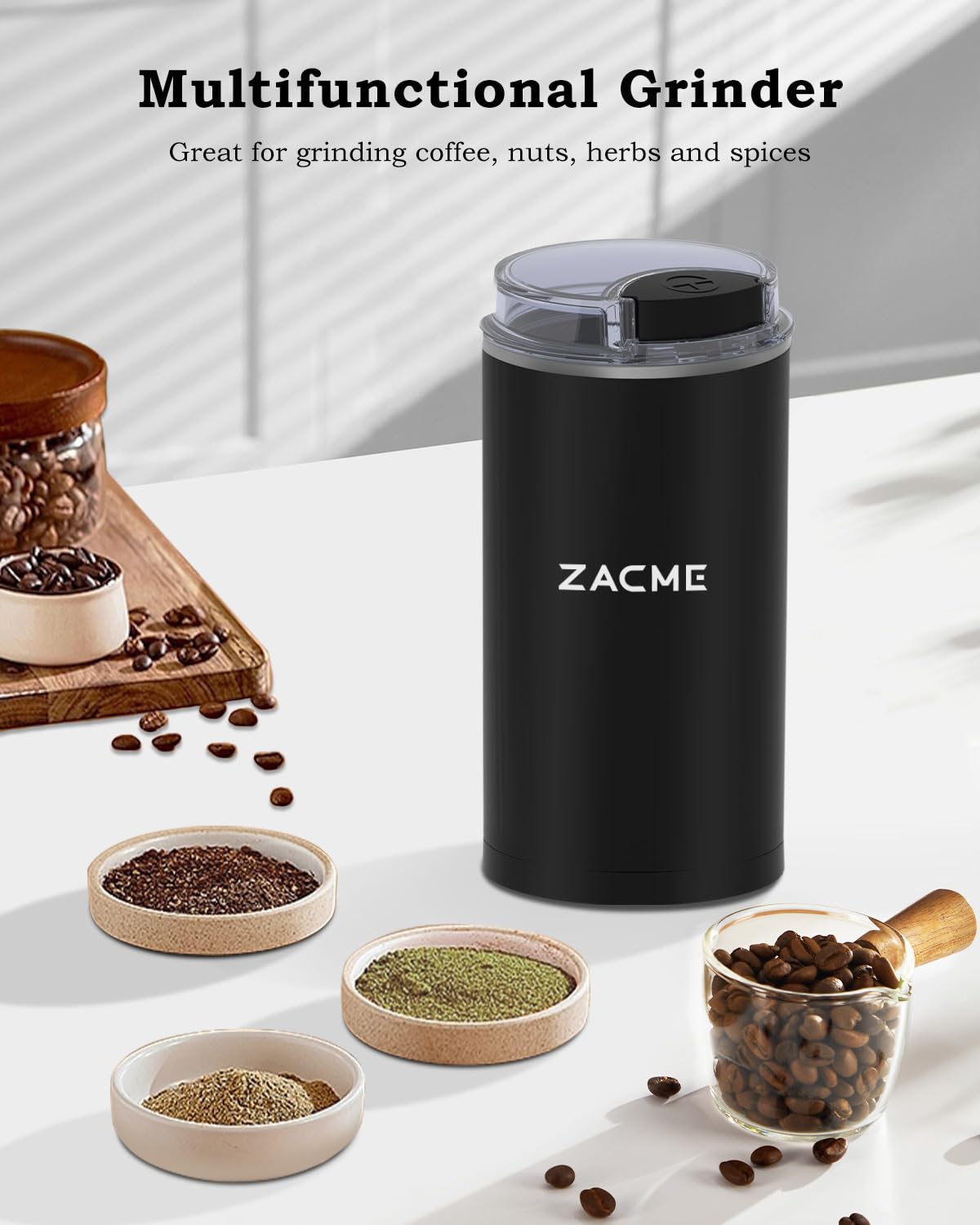 Premium Electric Coffee Grinder for Beans & Spices - Stainless Steel Blades with Cleaning Brush - One-Touch Operation for Home & Kitchen Use - Perfect for Fresh Coffee, Herbs, Nuts & Spice Preparation - Ideal for Coffee Lovers & Home Chefs (Black)