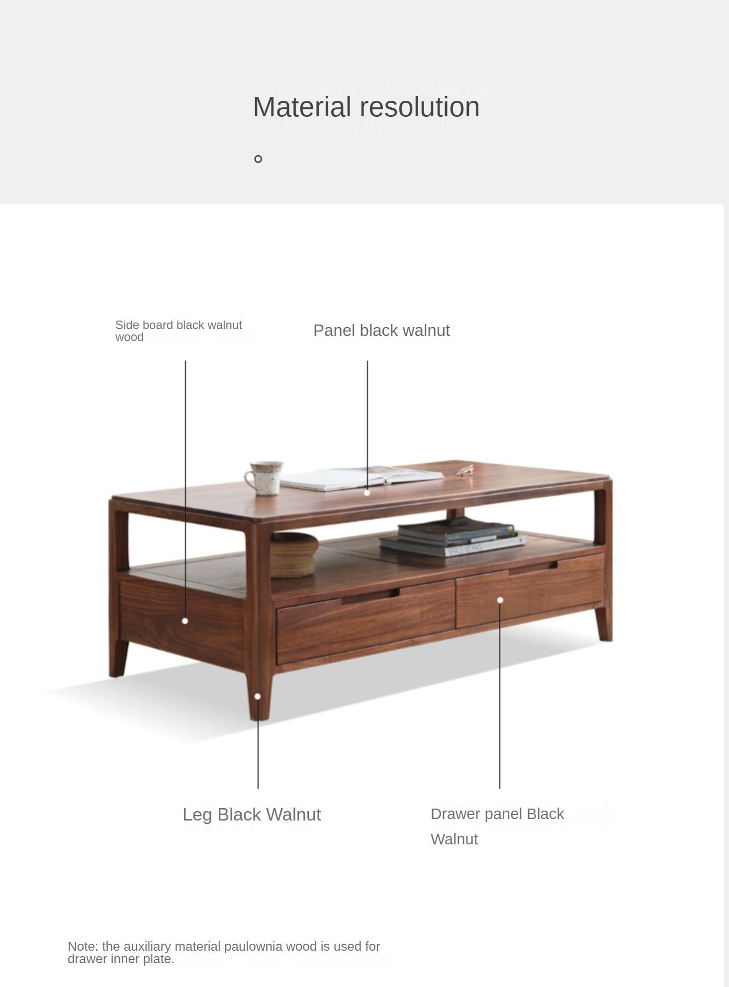 Solid Black Walnut Wood Coffee Table with 4 Drawers - Rustic Modern Living Room Furniture for Home Decor