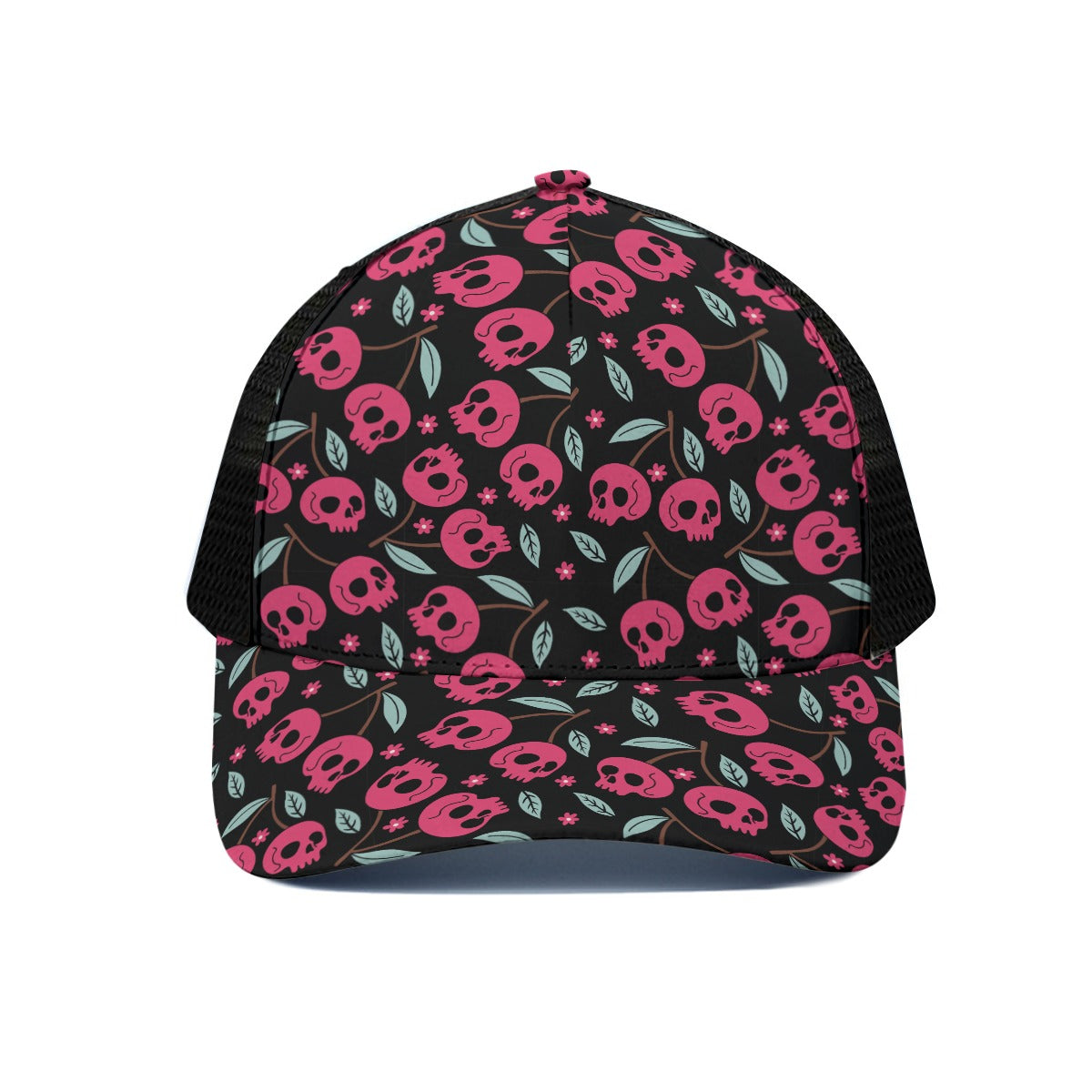 Cherry Skulls Trucker Hat with Black Half Mesh - Stylish Adjustable Snapback Cap for Men & Women - Perfect for Outdoor Activities, Concerts, and Casual Wear