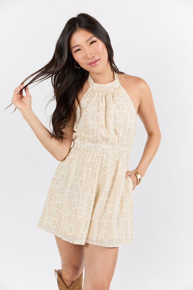 On The Horizon Taupe Halter Neck Printed Romper for Women - Summer Beach Outfit, Casual Party Jumpsuit | Perfect for Vacations, Dates & Outdoor Events