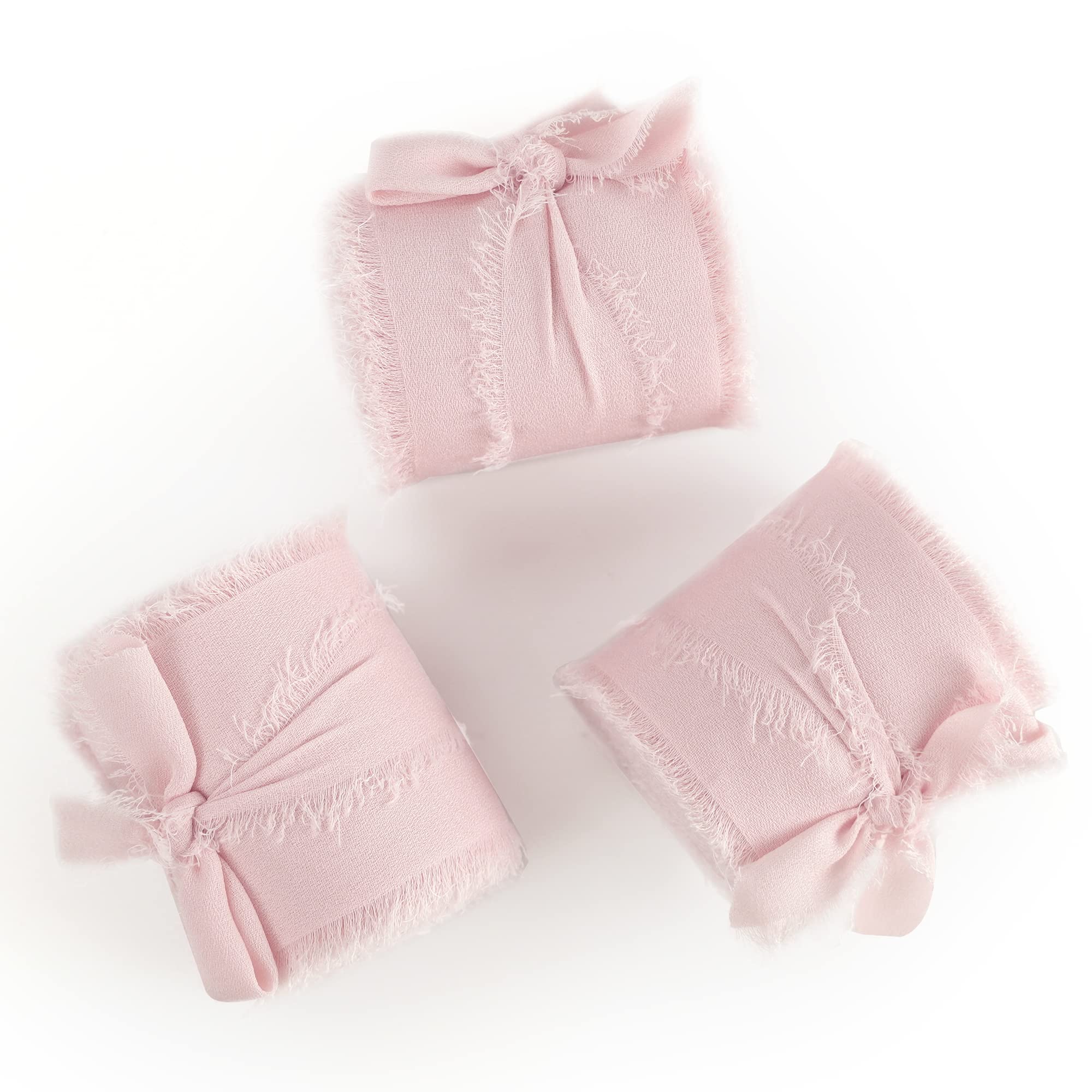 MEEDEE 2 Inch Pink Chiffon Ribbon with Frayed Fringe - Light Pink Silk Ribbon for Crafts, Gift Wrapping, Wedding Decor (3 Rolls 21 Yards) - Perfect for DIY Projects, Bridal Bouquets, and Invitation Embellishments