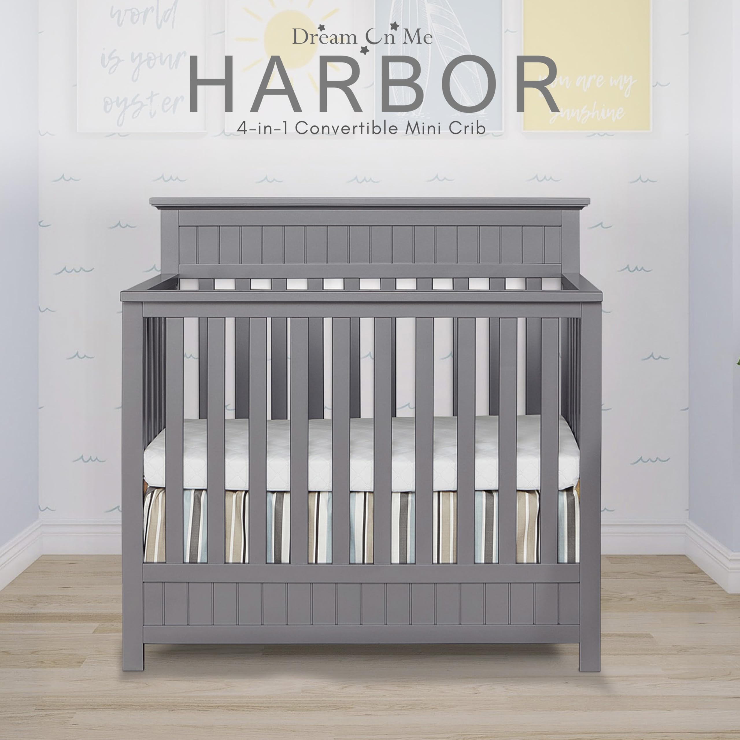 Dream On Me Harbor 4-in-1 Convertible Mini Crib - Storm Grey | GREENGUARD Gold Certified | Space-Saving Nursery Solution for Small Rooms & Apartments | Baby Bed Converts to Toddler Bed, Daybed & Full-Size Bed Frame