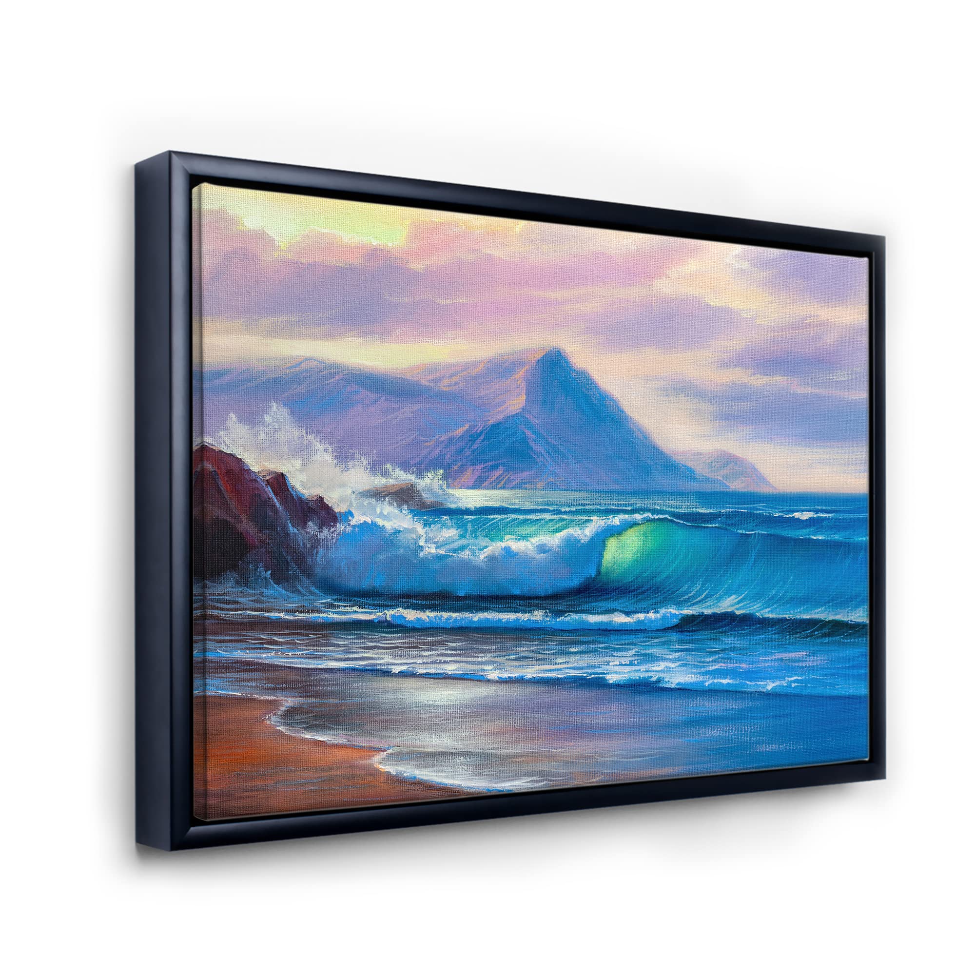 Blue Waves Breaking At The Beach Framed Canvas Wall Art - Coastal & Nautical Decor for Living Room, Bedroom, Office | DesignQ