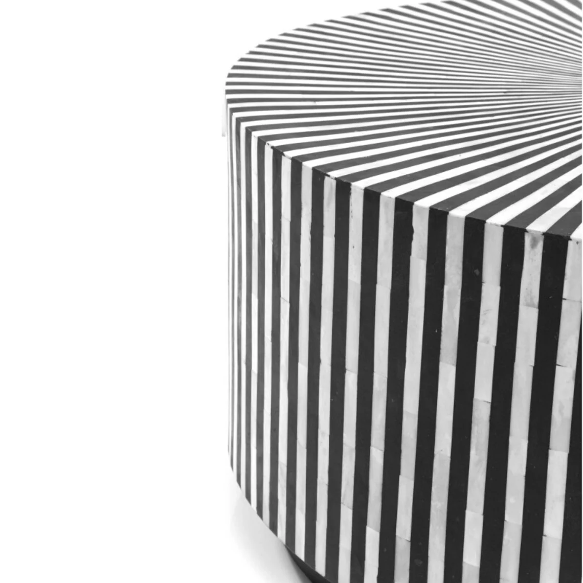 Handmade Bone Inlay Round Coffee Table - Black & White Striped Design - Boho Chic Home Decor - Perfect for Living Room, Lounge & Office Spaces