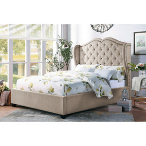 Beige Button Tufted Wingback Queen Size Bed Frame - Solid Wood Construction with Fabric Upholstery | Perfect for Master Bedroom, Guest Room & Luxury Home Decor
