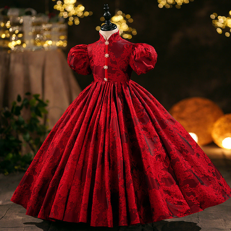 Elegant Burgundy Lace Princess Flower Girl Dress with Mock Neck & Puff Sleeves - Perfect for Weddings, Pageants & Special Occasions