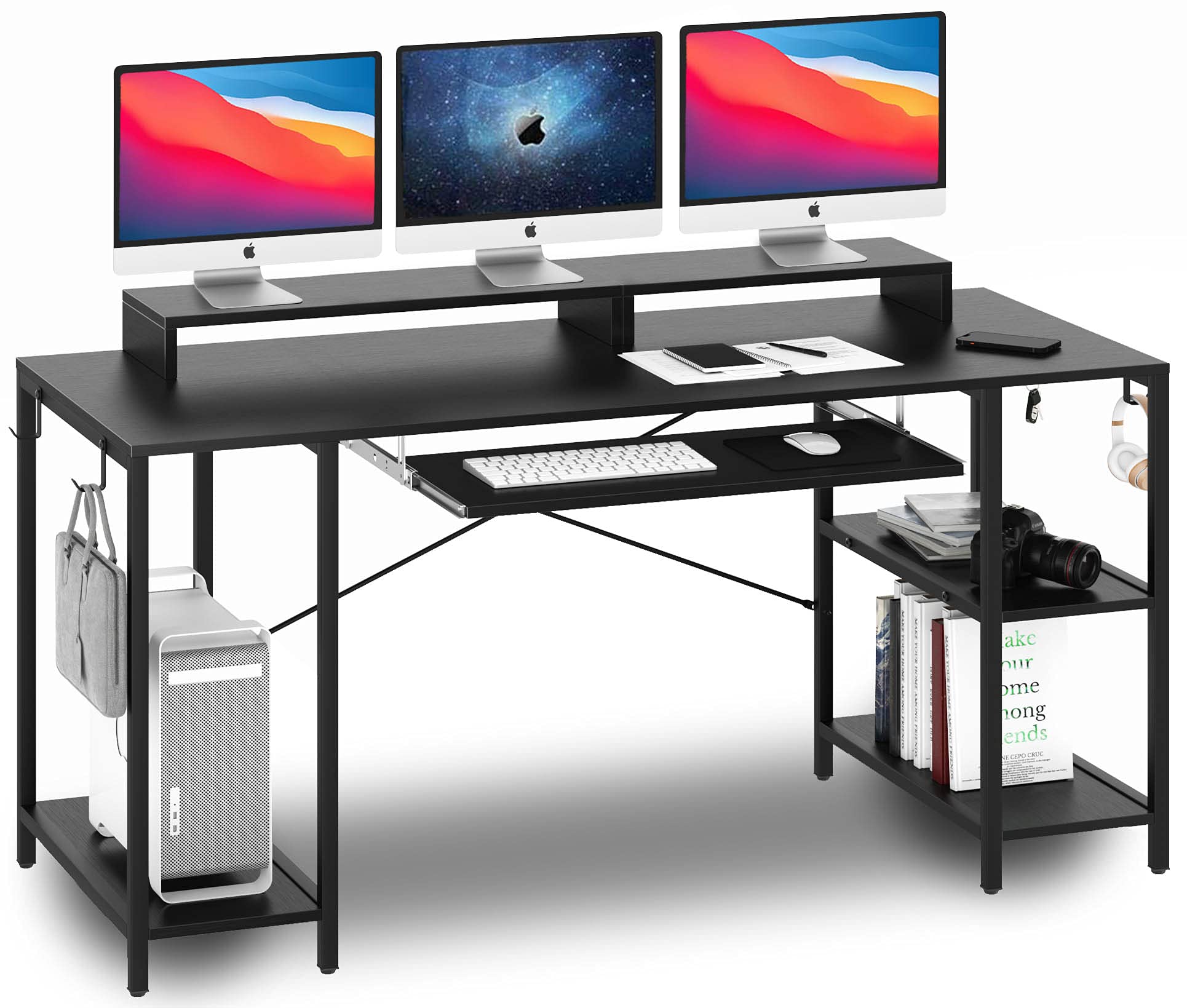 HYPIGO 55 Inch Industrial Computer Desk with Keyboard Tray, Storage Shelves & Monitor Stand - Sturdy Home Office Desk with Headset Hooks, Study Writing Workstation for Small Spaces, Bedroom or Home Office - Easy Assembly, Black
