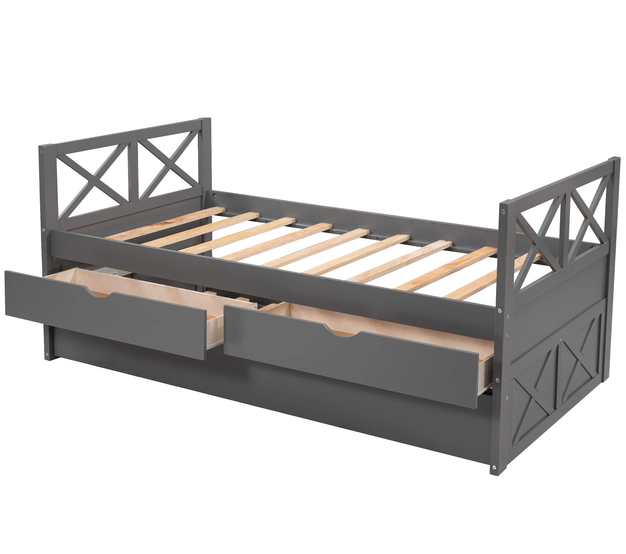 Twin Daybed with Trundle and Storage Drawers - Solid Wood Farmhouse Style Platform Bed Frame with Slat Support, No Box Spring Needed - Perfect for Guest Rooms, Small Spaces & Living Room Lounging