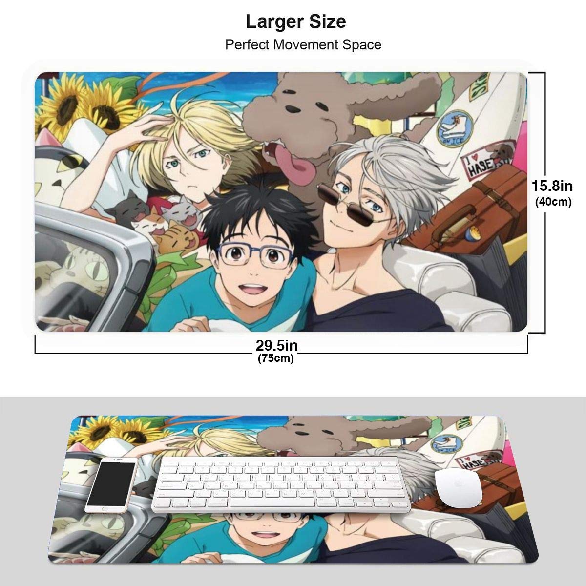 Yuri!!! on ICE Large Gaming Mouse Pad - 15.8x29.5 Inch Non-Slip Rubber Base with Stitched Edges - Perfect for PC Gaming, Office Work & Anime Fans
