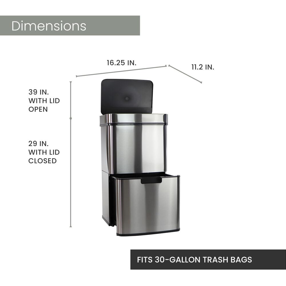 Hanover Home 16.4 Gallon Stainless Steel Motion Sensor Trash Can with Pull-Out Recycling Bin - Fingerprint-Resistant Kitchen Garbage Bin for Home & Office Use (62L) - Perfect for Waste Management in Modern Kitchens, Pantries & Break Rooms