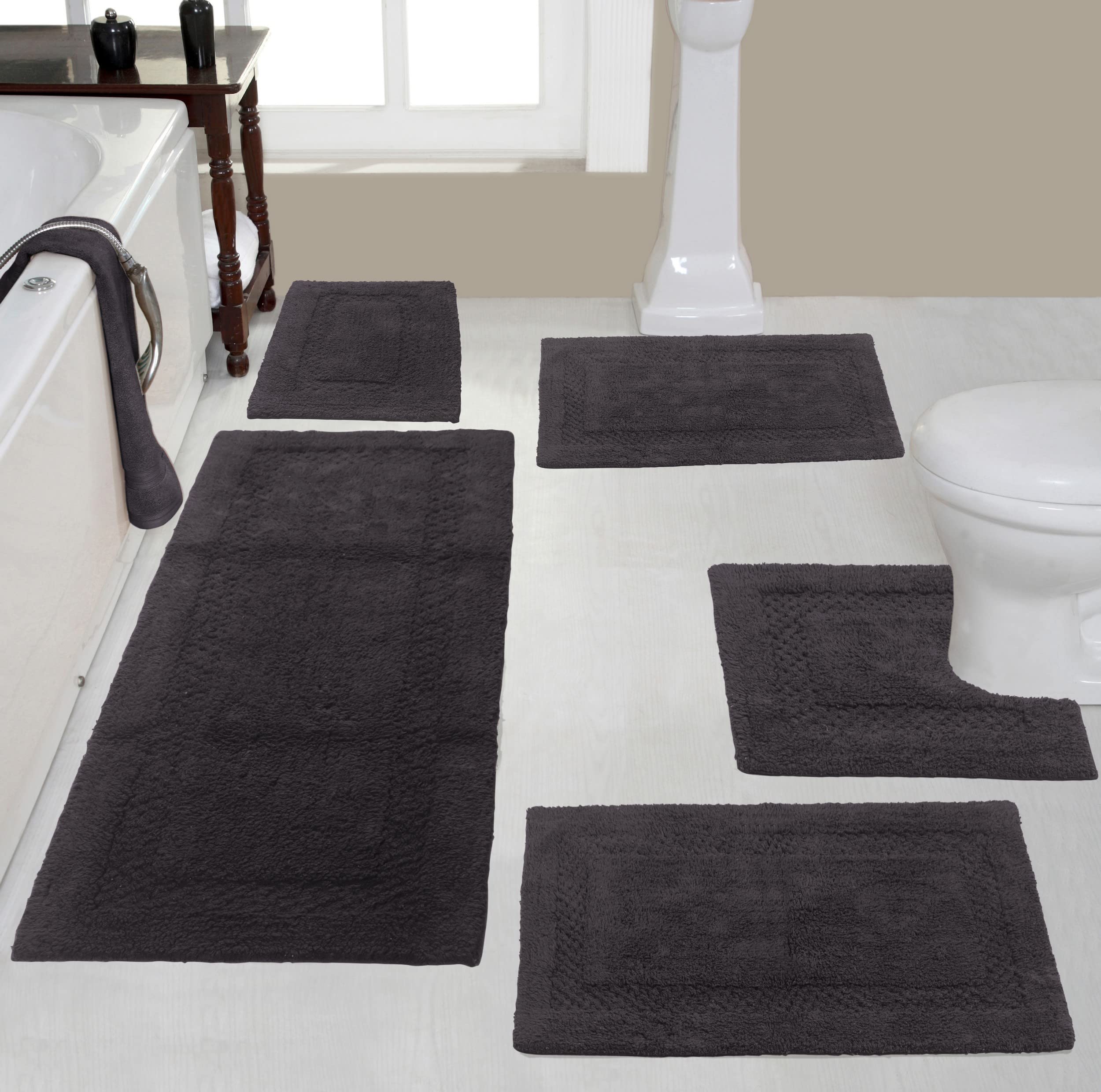 Premium 100% Cotton Bathroom Rug Set - 5 Piece Non-Slip, Washable & Super Absorbent Bath Mats for Bathroom & Kitchen - Extra Soft Contour Floor Mats (Gray) - Perfect for Modern Homes, Spa-Like Bathrooms & Cozy Kitchens