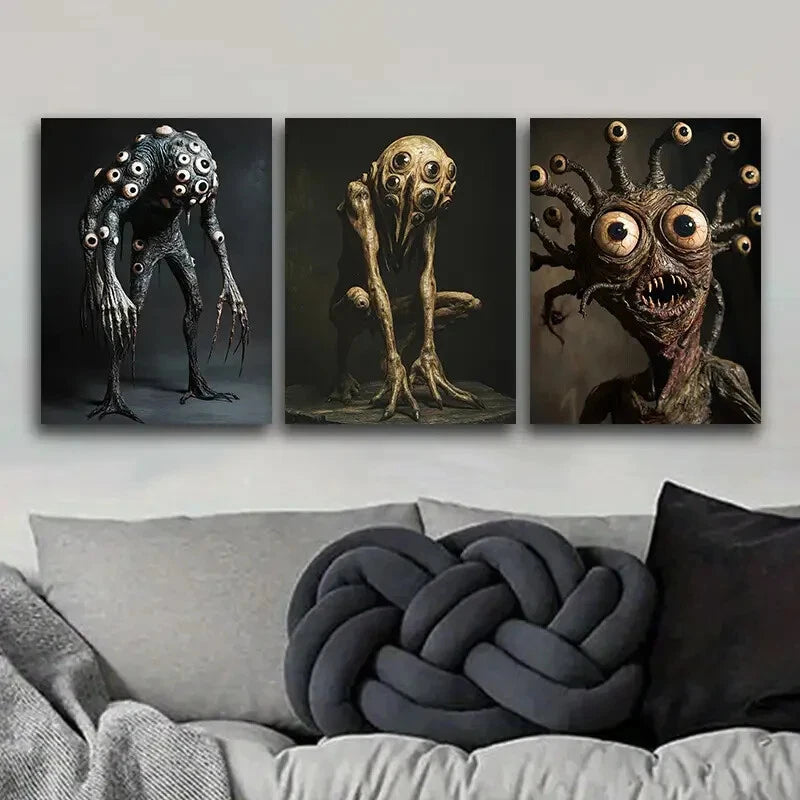 3-Piece Eye Monster Art Painting - Metal Print Wall Decor Ready to Hang - Gothic Home Office & Bedroom Decor for Horror Fans