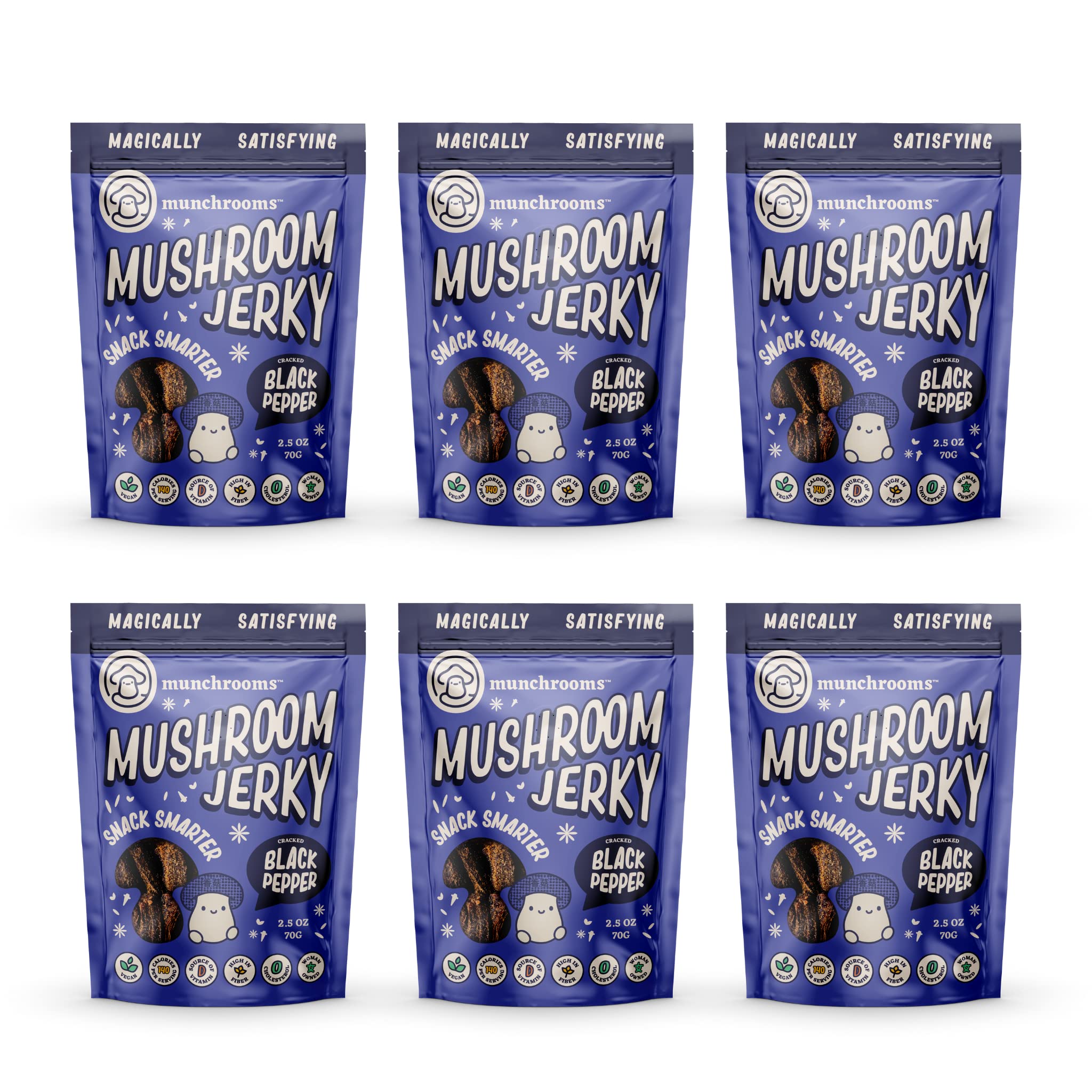 100% Plant-Based Vegan Mushroom Jerky - Cracked Black Pepper Flavor | Healthy Vegan Snacks, Non-GMO, Gluten-Free | Made with Shiitake Mushrooms | 2.5oz (70g) 6-Pack | Perfect for Hiking, Camping & On-the-Go Snacking