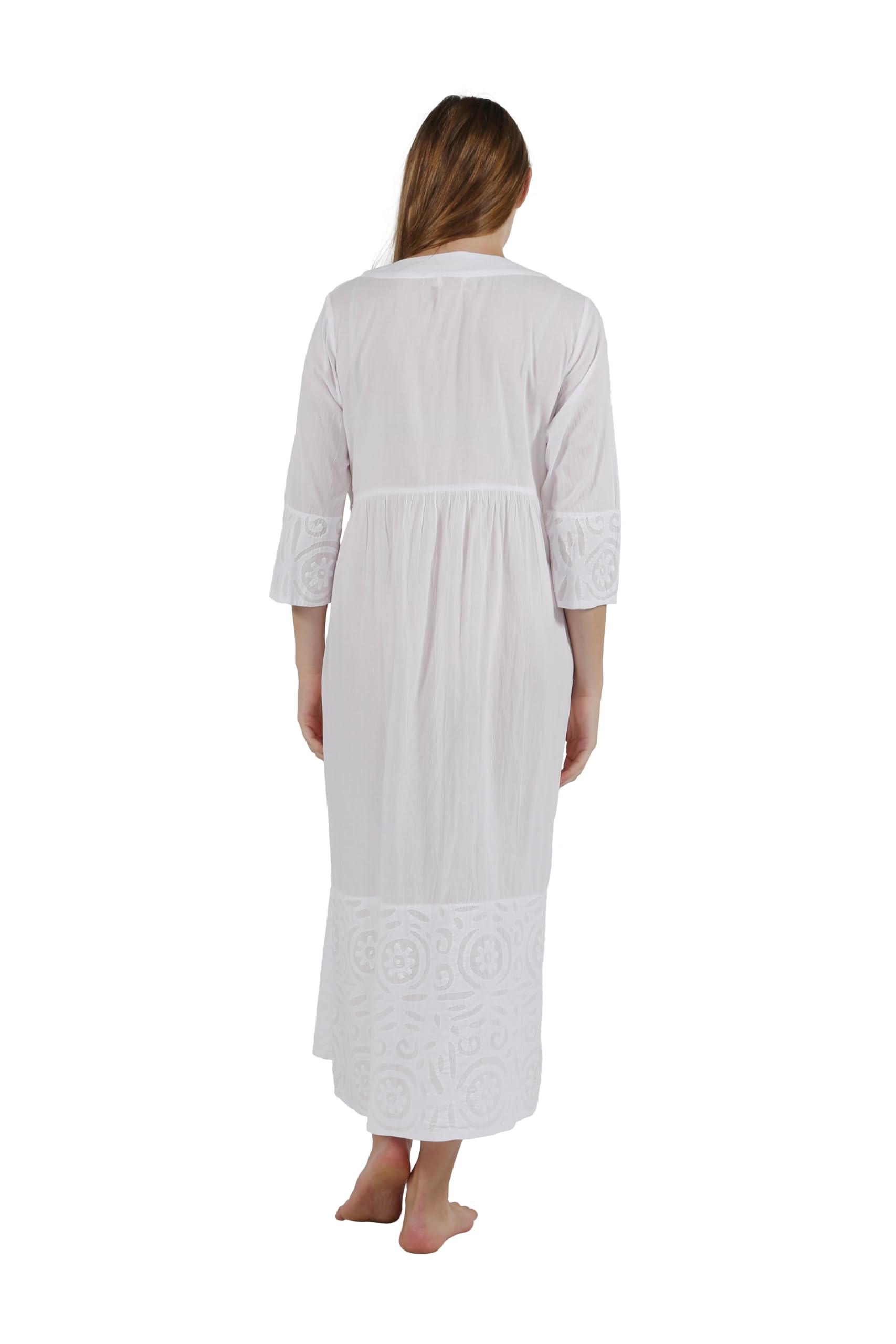 LA CERA Women's 100% Cotton Appliqued Nightgown - 3/4 Sleeve Pullover Sleep Dress with Side Pockets | Comfortable Sleepwear for Home, Lounge & Vacation