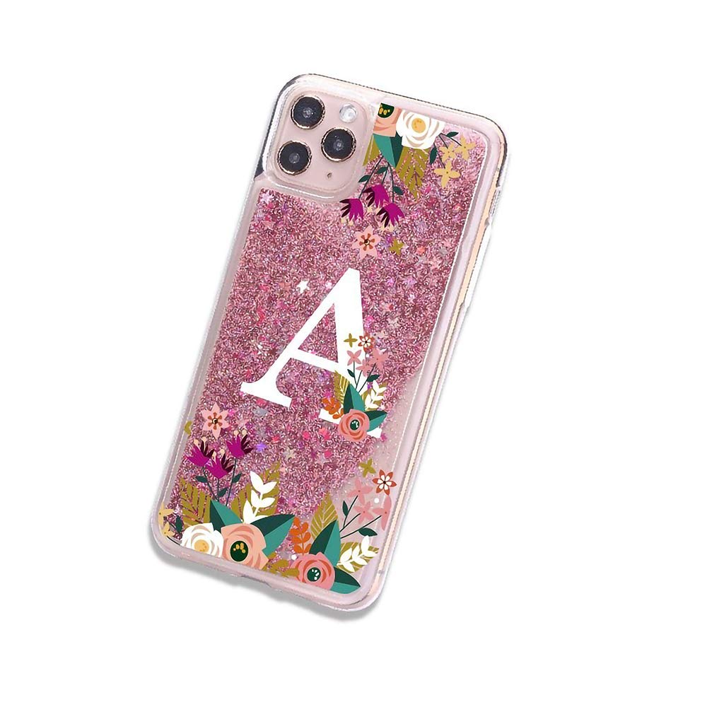 Custom iPhone 11 Pro Max Case - Pink Floral Alphabet Letter A Design with Sparkle Bling Glitter & Liquid Quicksand Effect | Soft TPU Silicone Protective Cover for Women & Girls | Perfect for Everyday Use, Gifts & Fashion Accessories (Pink, iPhone 11 Pro Max)