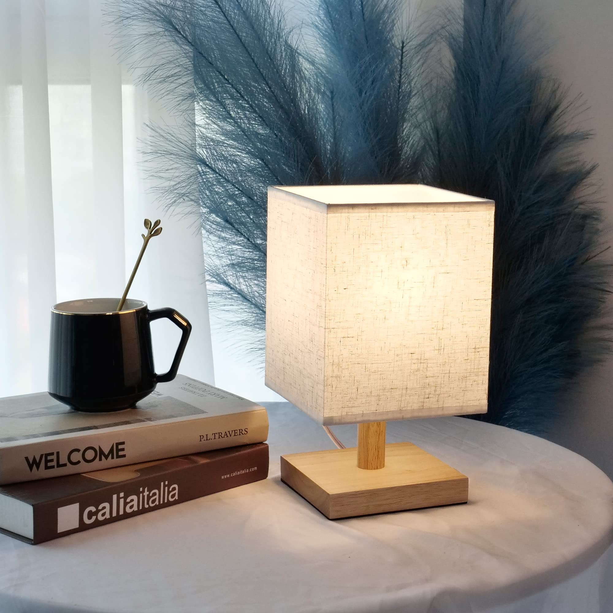 Wooden Small Table Lamp with Linen Shade - Mini Bedside Night Light, Simple Desk Lamp for Bedroom, Living Room & Kids Room (Includes LED Bulb, Square Design) - Perfect for Reading, Relaxing & Nighttime Ambience