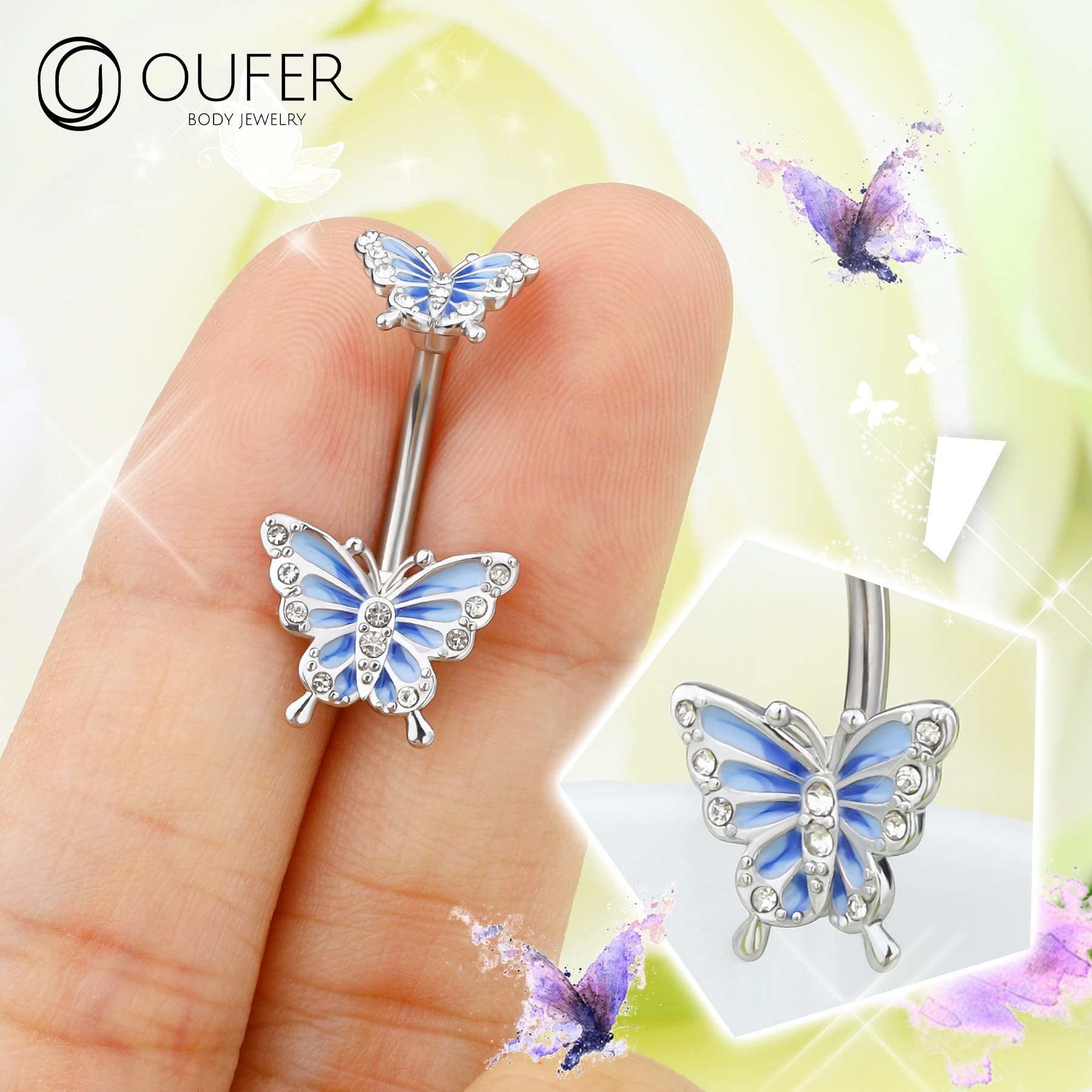 OUFER 14G Surgical Steel Belly Button Ring - Blue Butterfly CZ Navel Piercing Jewelry, 10mm Silver Barbell for Women, Perfect Gift for Piercing Lovers | Ideal for Everyday Wear, Parties, and Special Occasions
