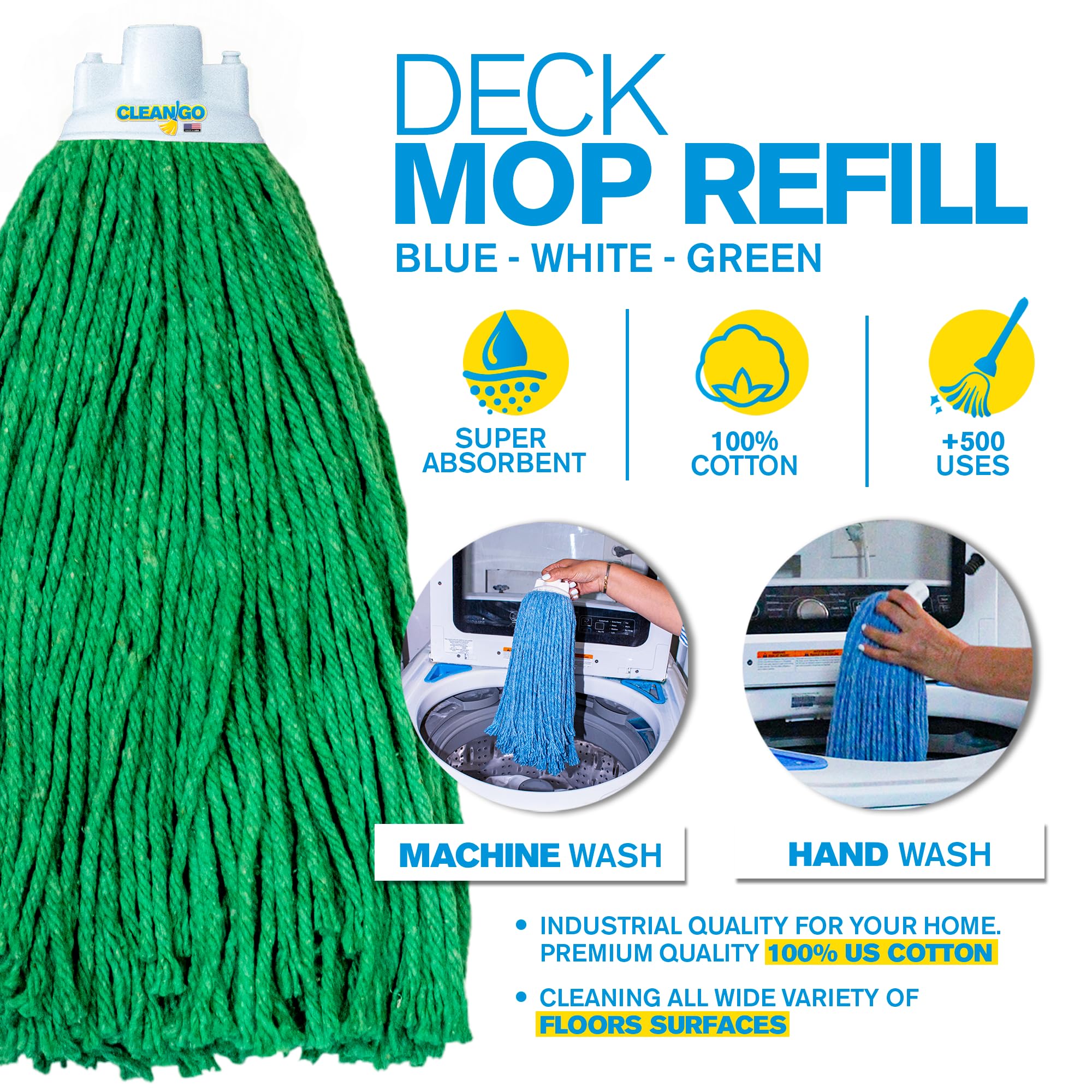 Heavy Duty Replacement Mop Head - Green Cotton Refill for Standard Handles | Commercial & Industrial Cleaning Solution | Machine Washable, Handmade in USA | Perfect for Floors, Kitchens, Bathrooms & Large Spaces