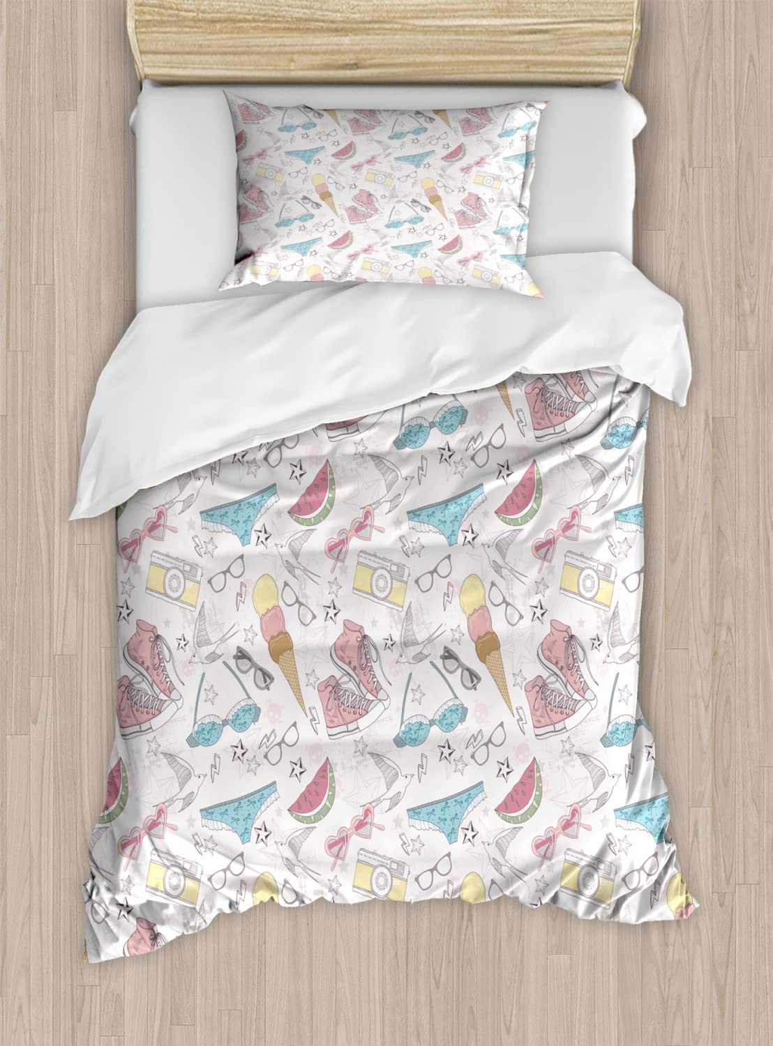 Ambesonne Teen Room Duvet Cover Sets - Girlish Sunglasses Camera Ice Cream Watermelon Print Bedding Set | 2 Duvet Covers + 4 Pillowcases | 2 Pack California King Size | Vibrant Multicolor | Perfect for Girls' Bedrooms, Teen Dorm Decor & Fun Themed Bedrooms