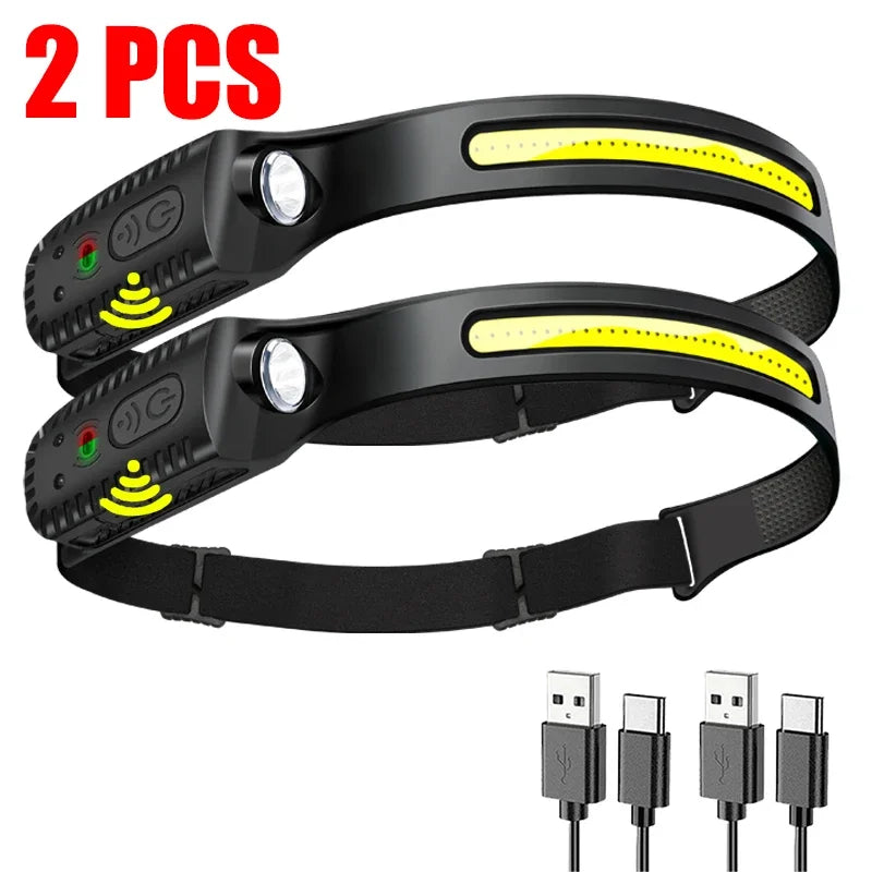 USB Rechargeable LED Sensor Headlamp - XPE+COB Bright Headlight with Motion Detection, Adjustable Head Torch for Camping, Hiking, Fishing & Outdoor Activities | Waterproof Flashlight for Night Work & Emergency Use